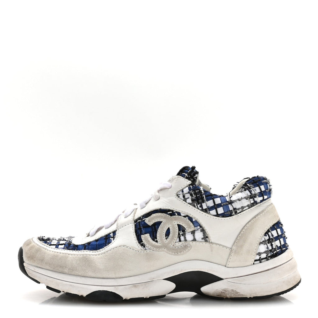 Chanel Tweed Suede Calfskin Womens CC Sneakers 39.5 Dark Blue Black Grey White