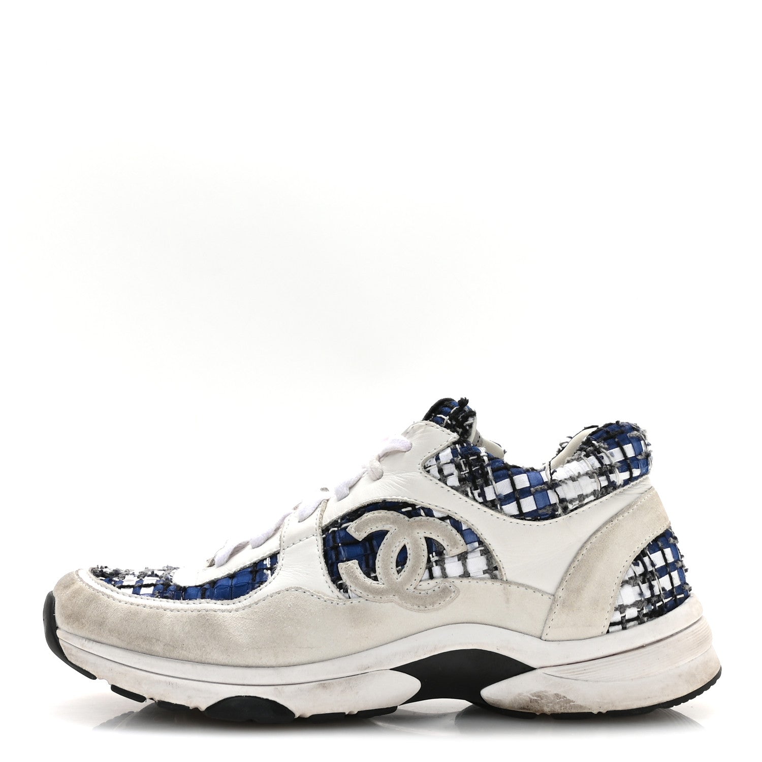 Chanel Tweed Suede Calfskin Womens CC Sneakers 39.5 Dark Blue Black Grey White