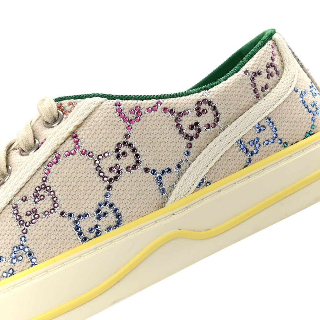 Gucci Canvas Lame Crystal GG Monogram Womens 1977 Tennis Sneakers 36 Gardenia Silver Mystic White