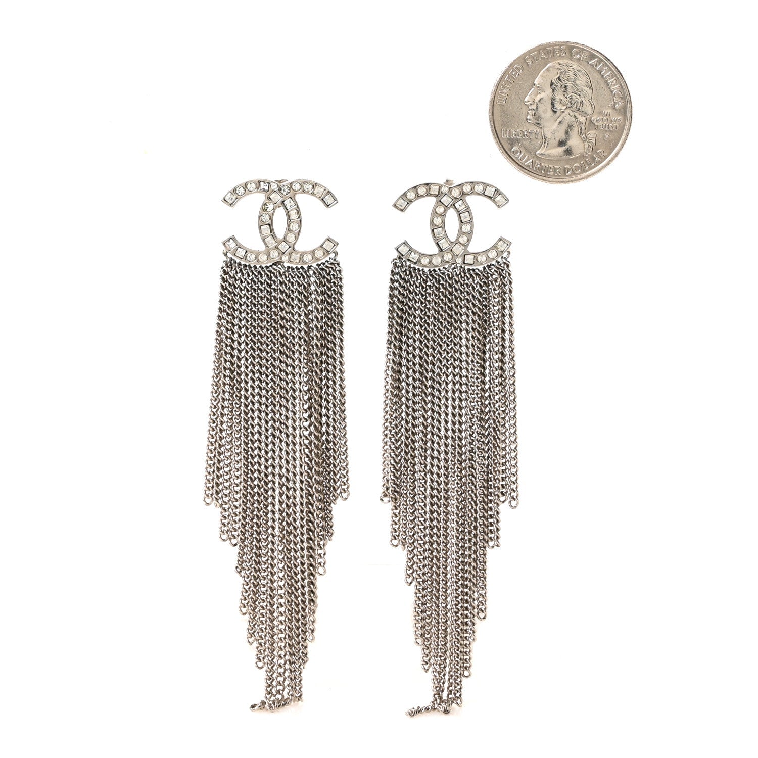 Baguette Crystal CC Chain Drop Earrings Silver