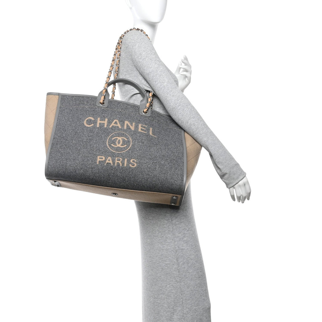 Chanel Wool Felt Large Deauville Tote Grey Beige