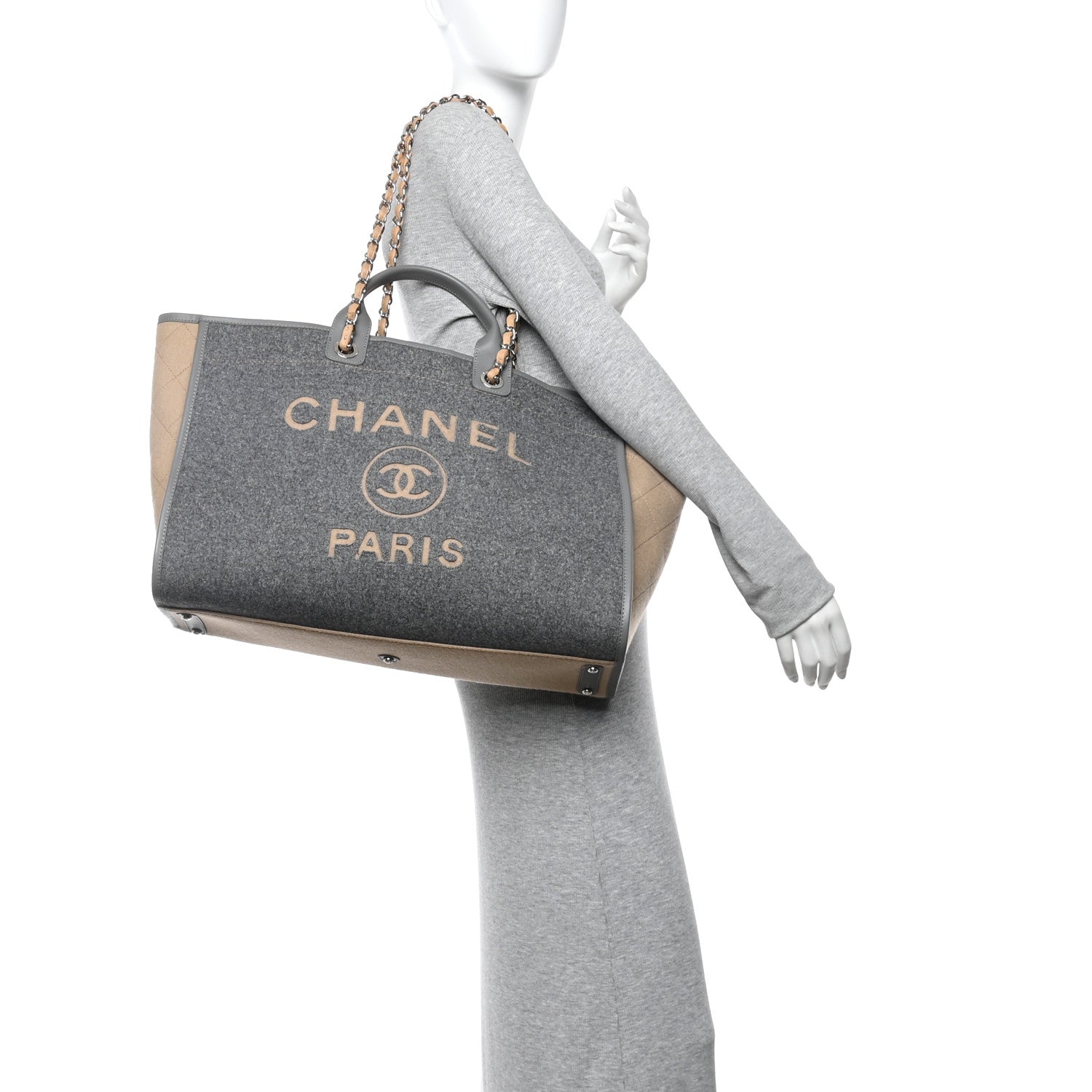 Chanel Wool Felt Large Deauville Tote Grey Beige