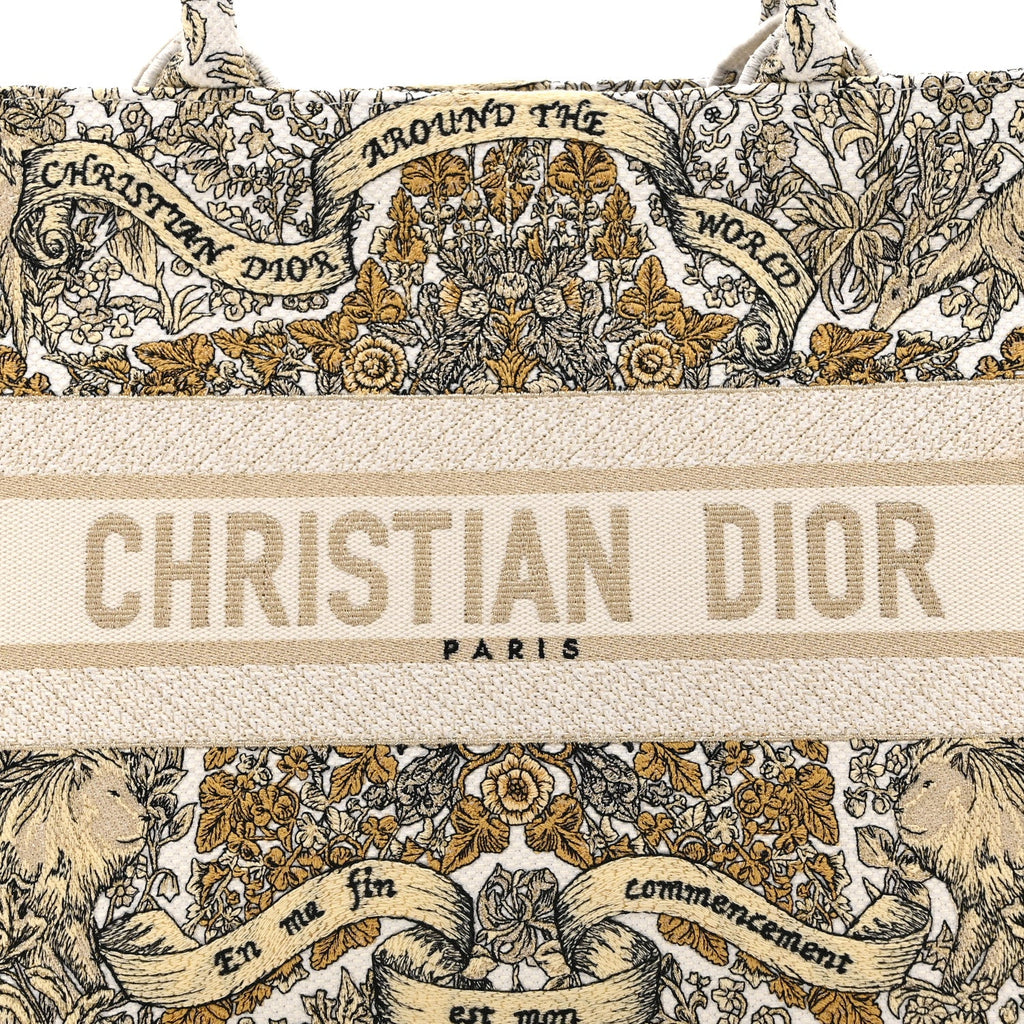 Christian Dior Canvas Embroidered Medium Around The World Book Tote Gold