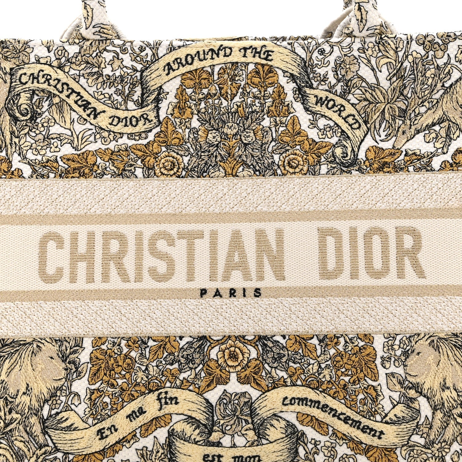 Christian Dior Canvas Embroidered Medium Around The World Book Tote Gold