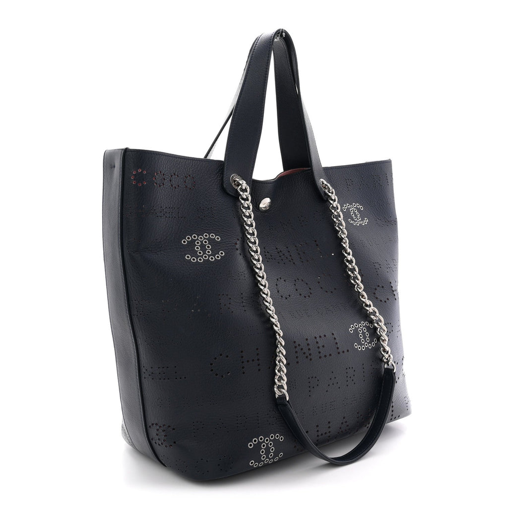 Chanel Calfskin Tweed Small Logo Eyelets Shopping Tote Navy Blue
