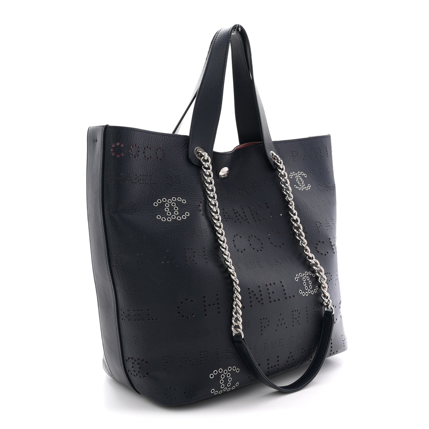 Chanel Calfskin Tweed Small Logo Eyelets Shopping Tote Navy Blue