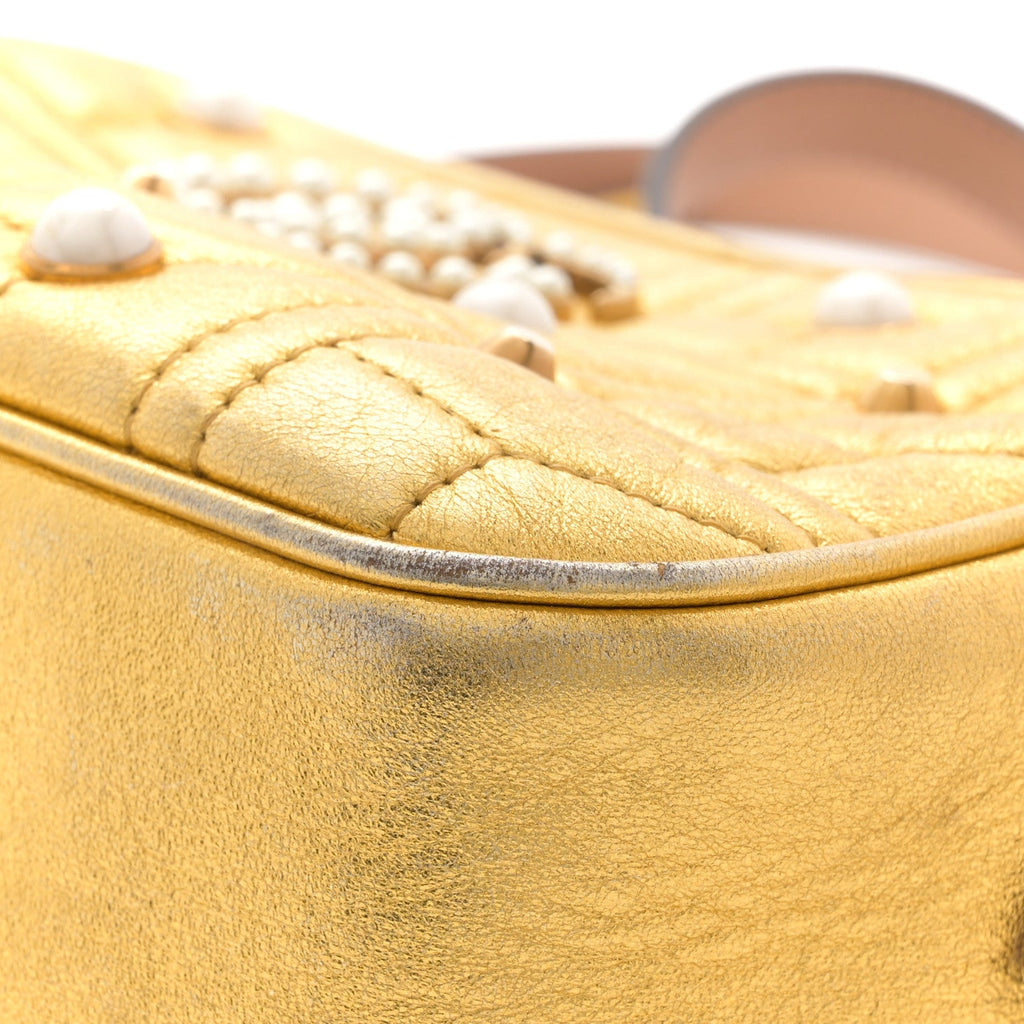 Gucci Metallic Calfskin Matelasse Studded Small Pearly GG Marmont Chain Shoulder Bag Gold