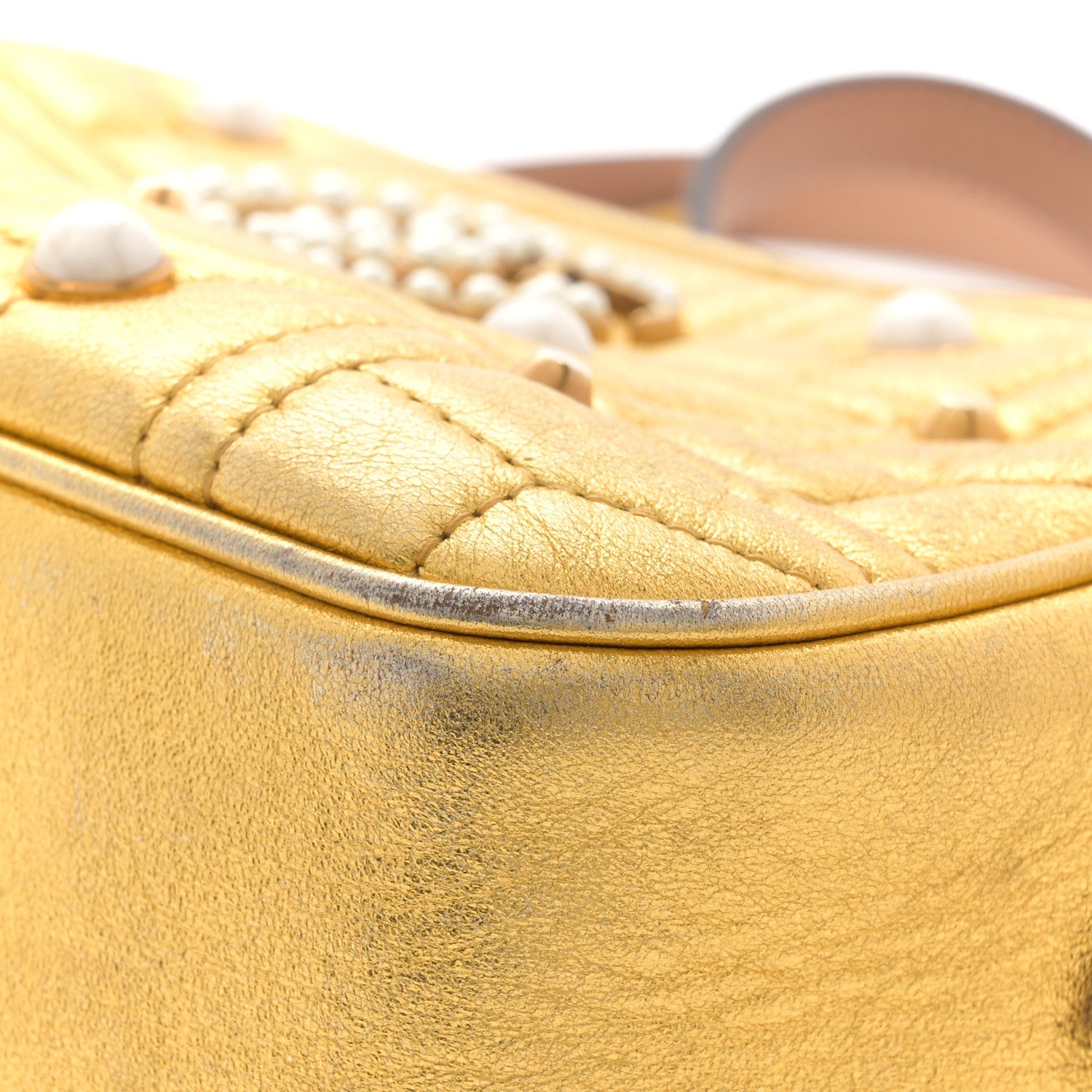 Gucci Metallic Calfskin Matelasse Studded Small Pearly GG Marmont Chain Shoulder Bag Gold
