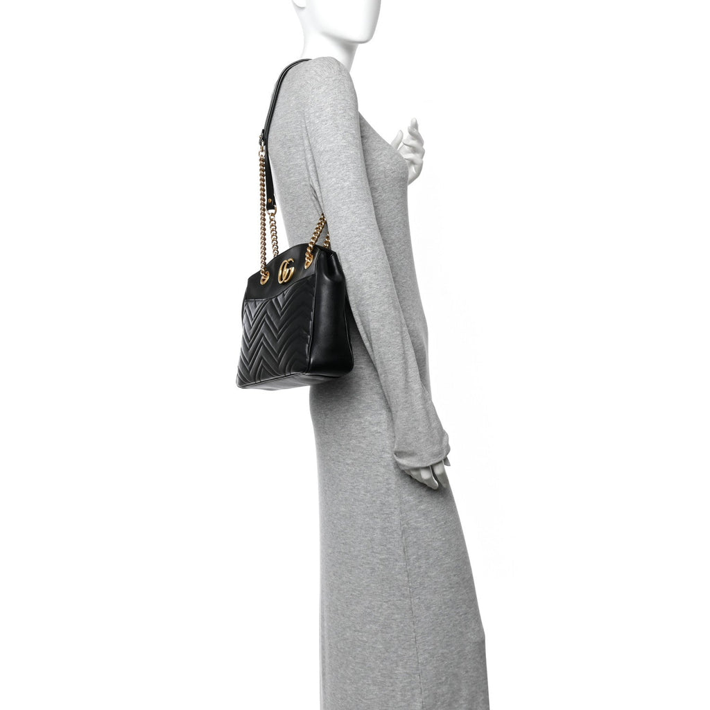 Gucci Calfskin Matelasse Medium GG Marmont Open Top Shoulder Bag Black