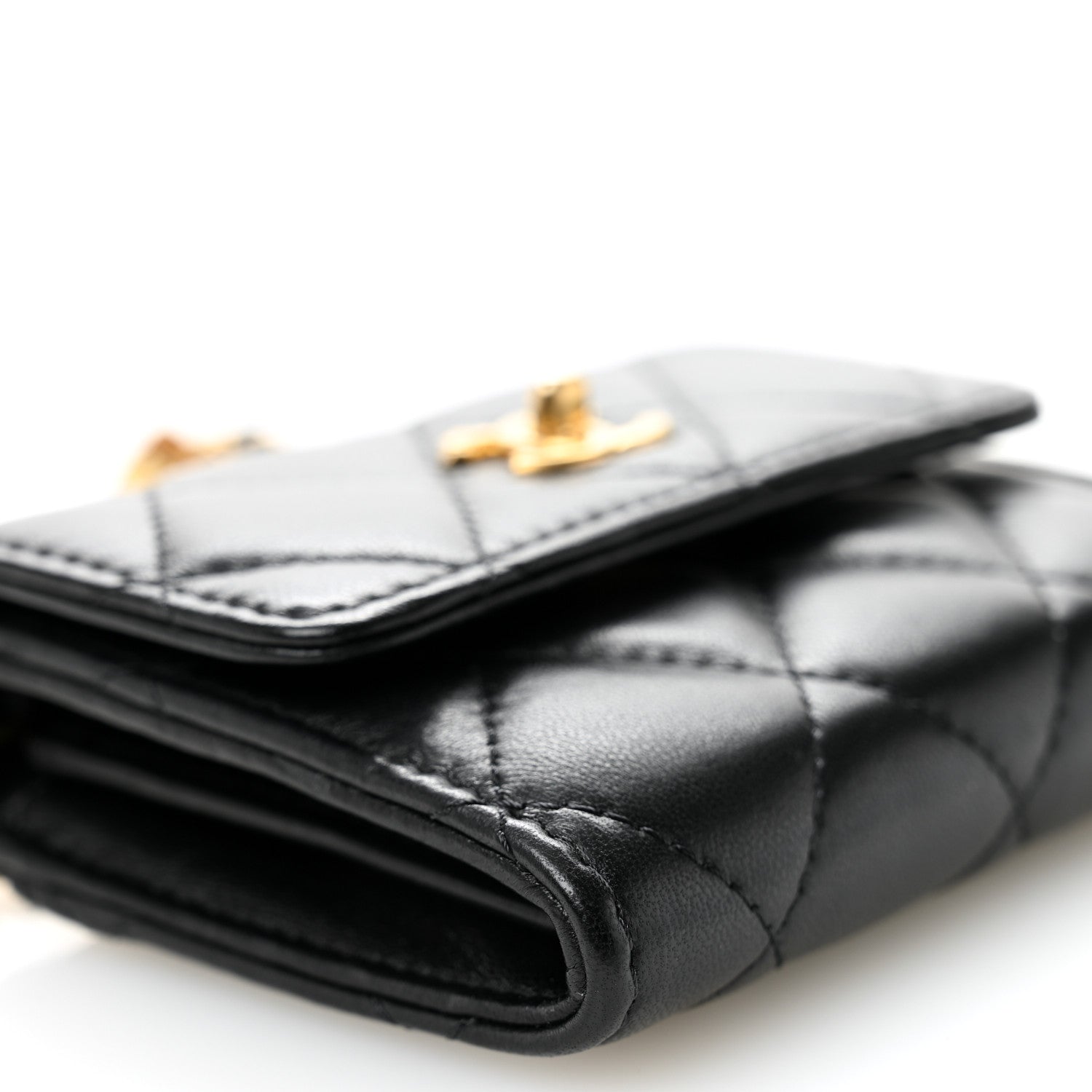 Chanel Lambskin Quilted Pearl Crush Card Holder With Chain Black