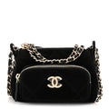 Chanel Velvet Effect Nylon Shiny Crumpled Calfskin Mini Quilted Chanel 25 Clutch With Chain Black