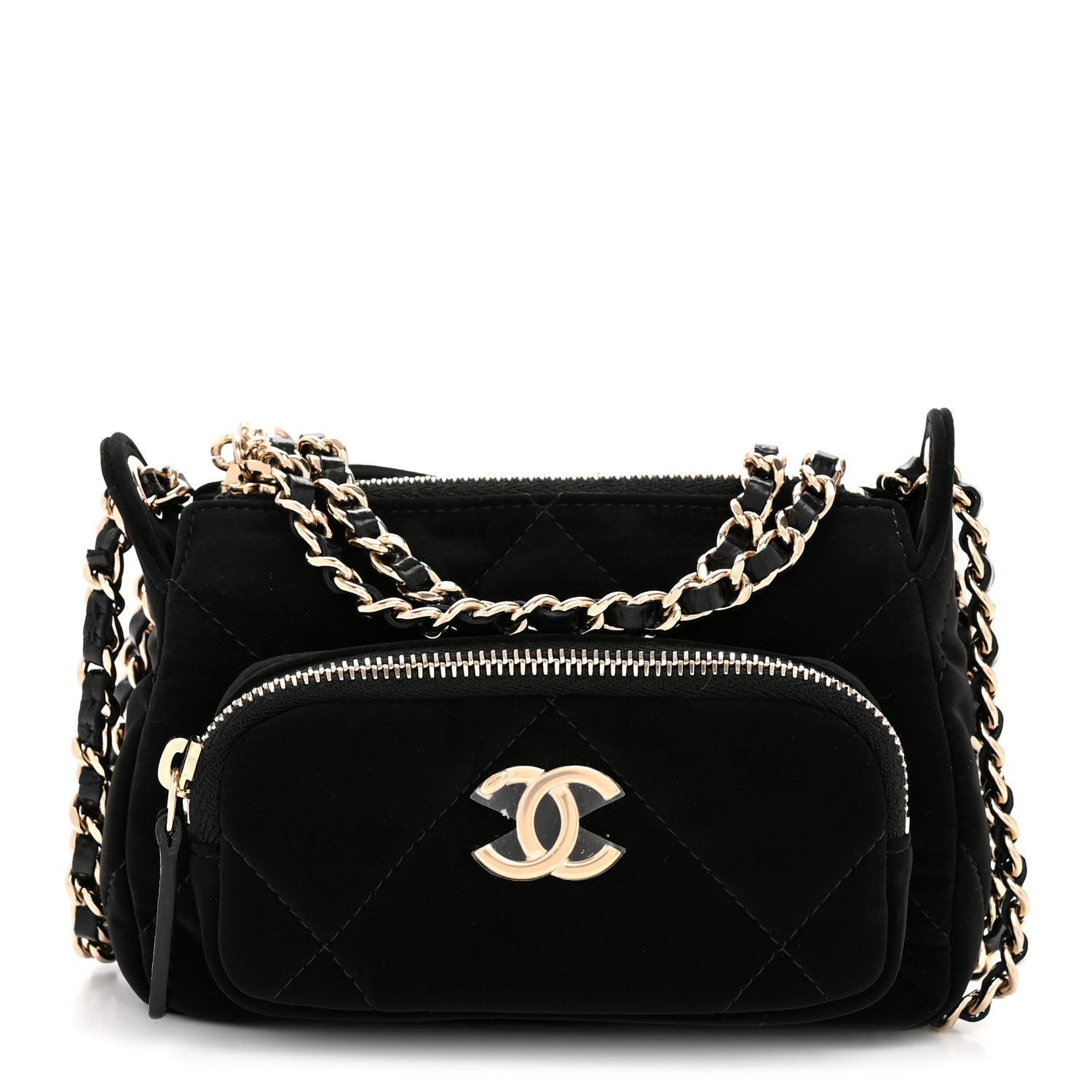 Chanel Velvet Effect Nylon Shiny Crumpled Calfskin Mini Quilted Chanel 25 Clutch With Chain Black
