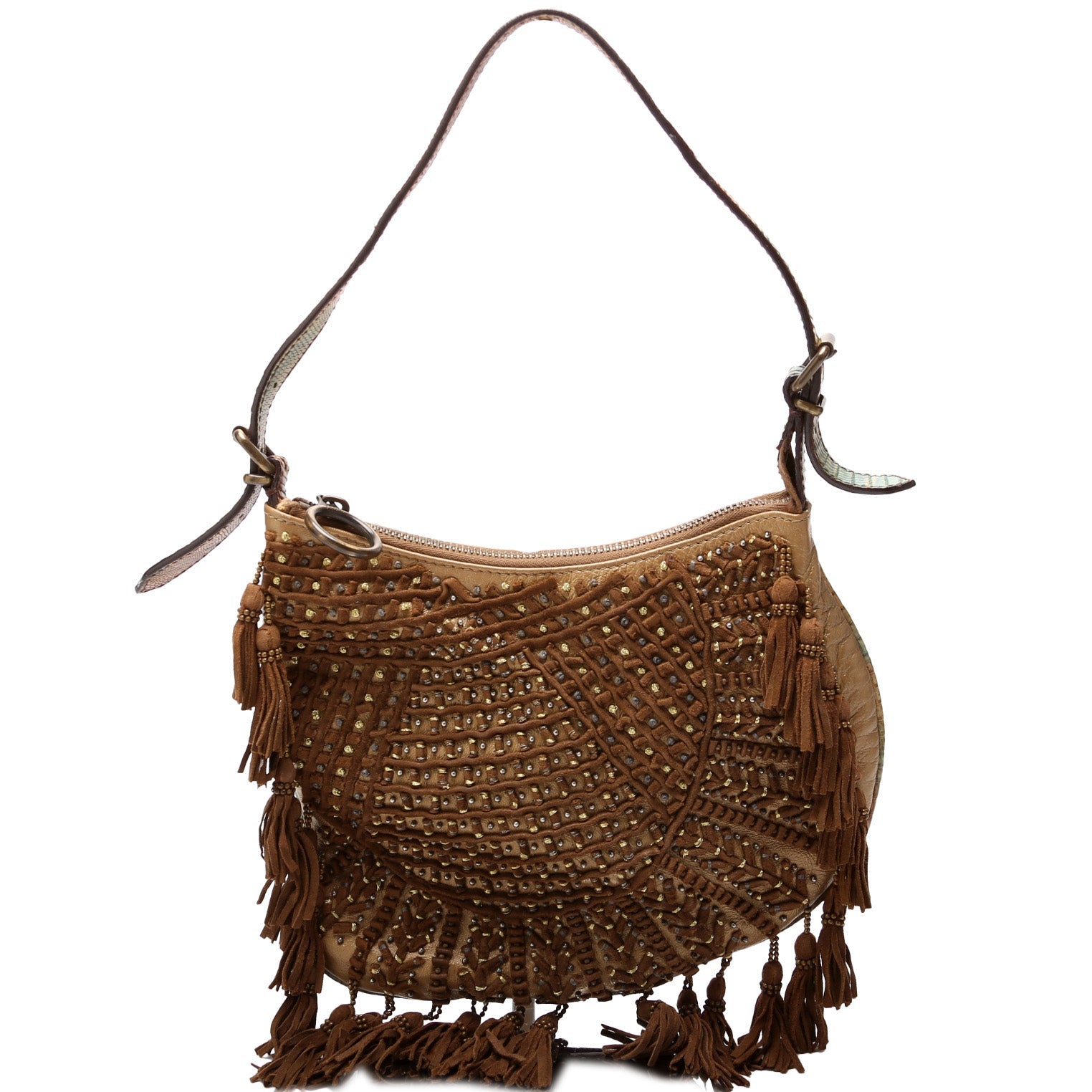 Oyster Hobo Small Beaded Suede Tassel Leather w/ Lizard