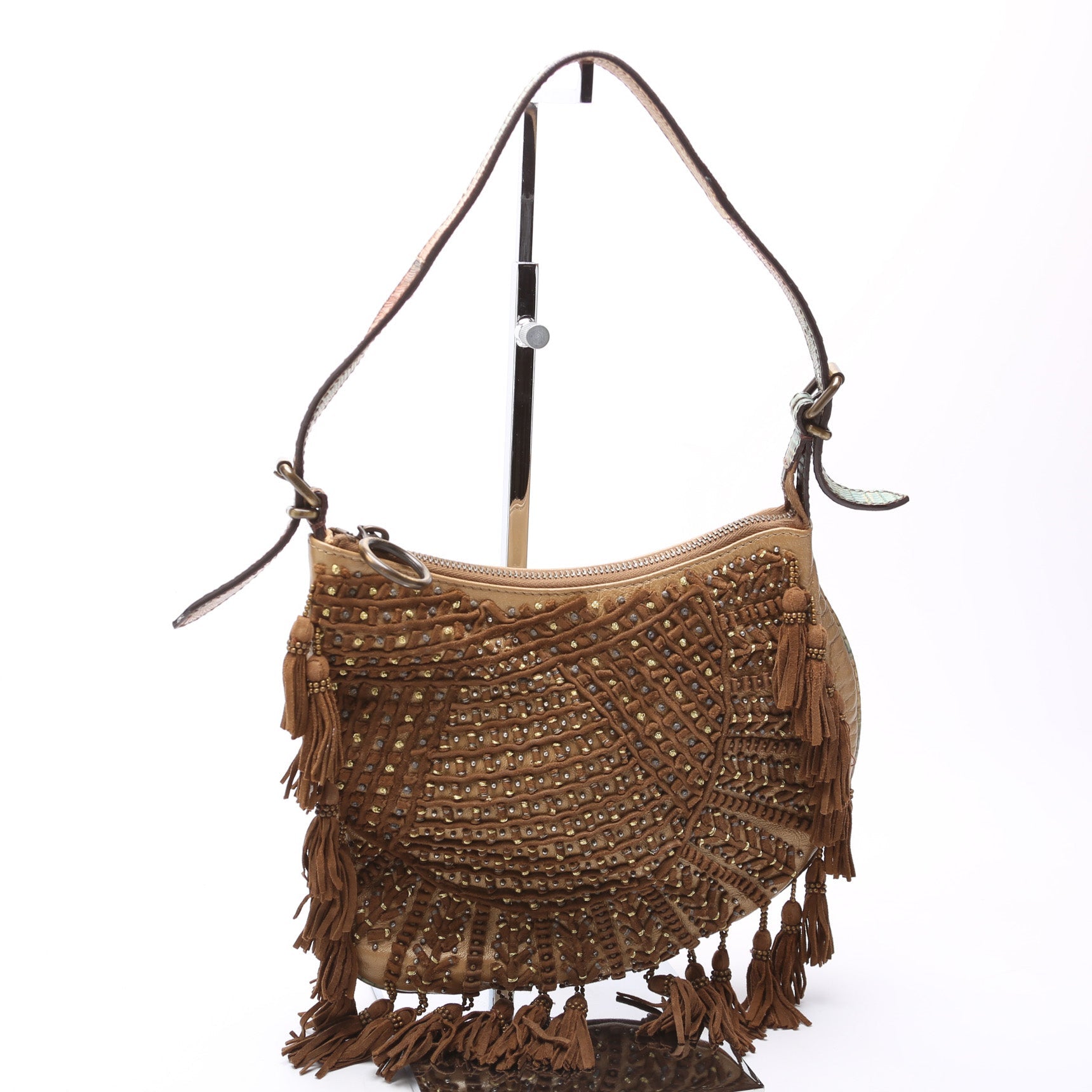 Oyster Hobo Small Beaded Suede Tassel Leather w/ Lizard