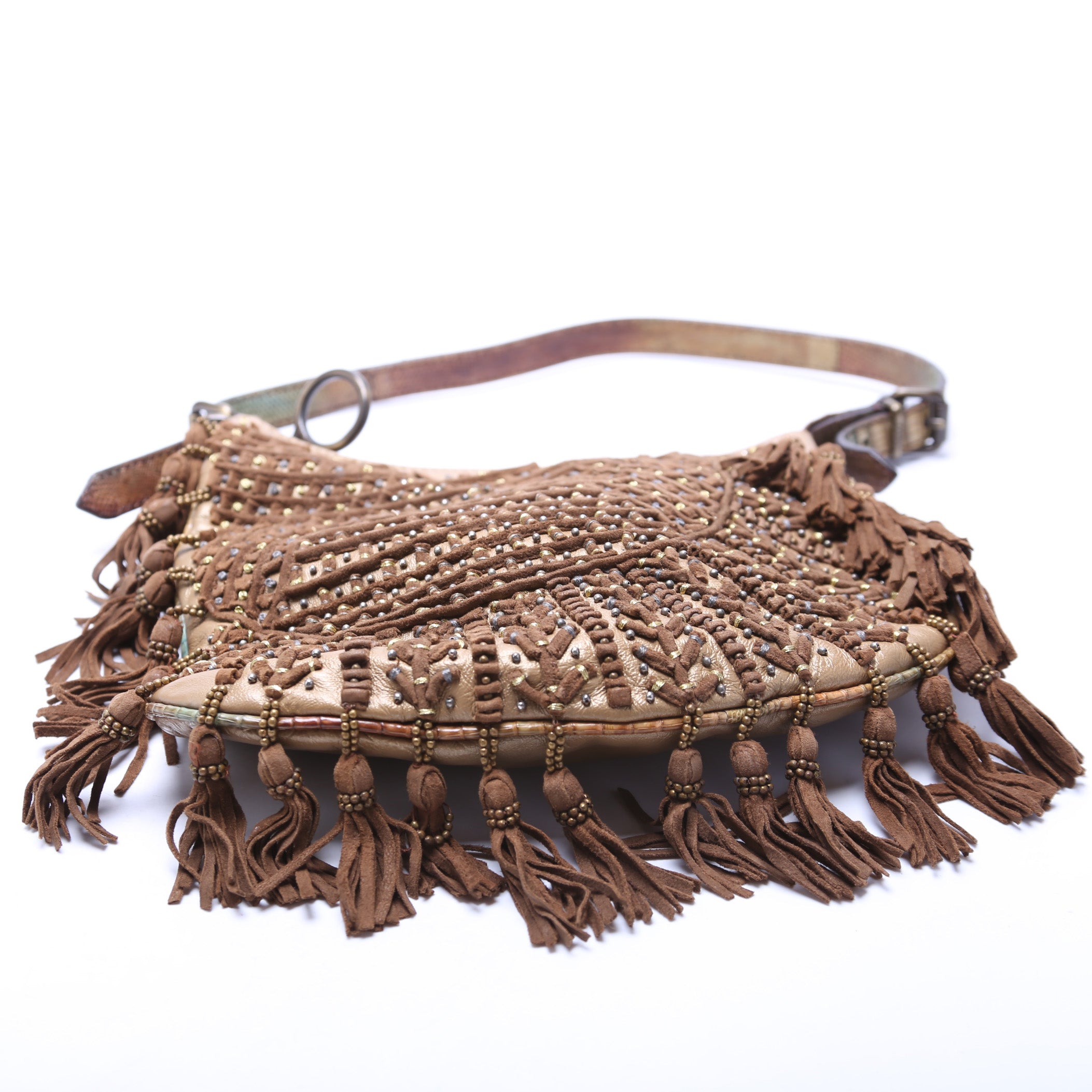 Oyster Hobo Small Beaded Suede Tassel Leather w/ Lizard