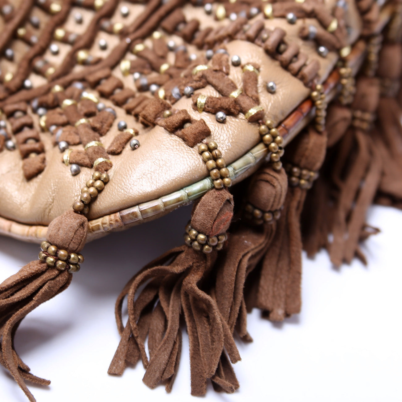 Oyster Hobo Small Beaded Suede Tassel Leather w/ Lizard