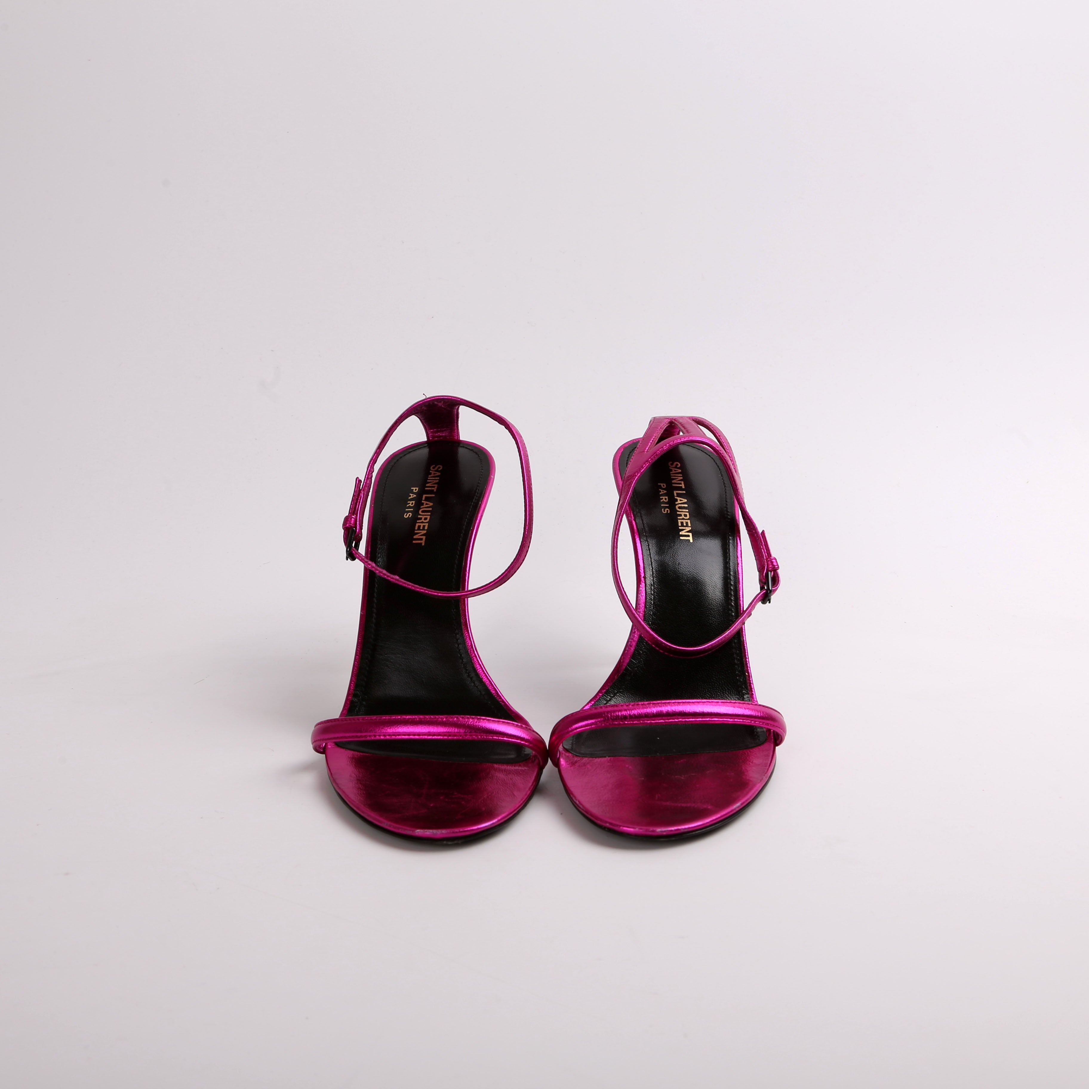 SAINT LAURENT Metallic Lambskin Lexi Ankle Strap Sandals Size 39.5