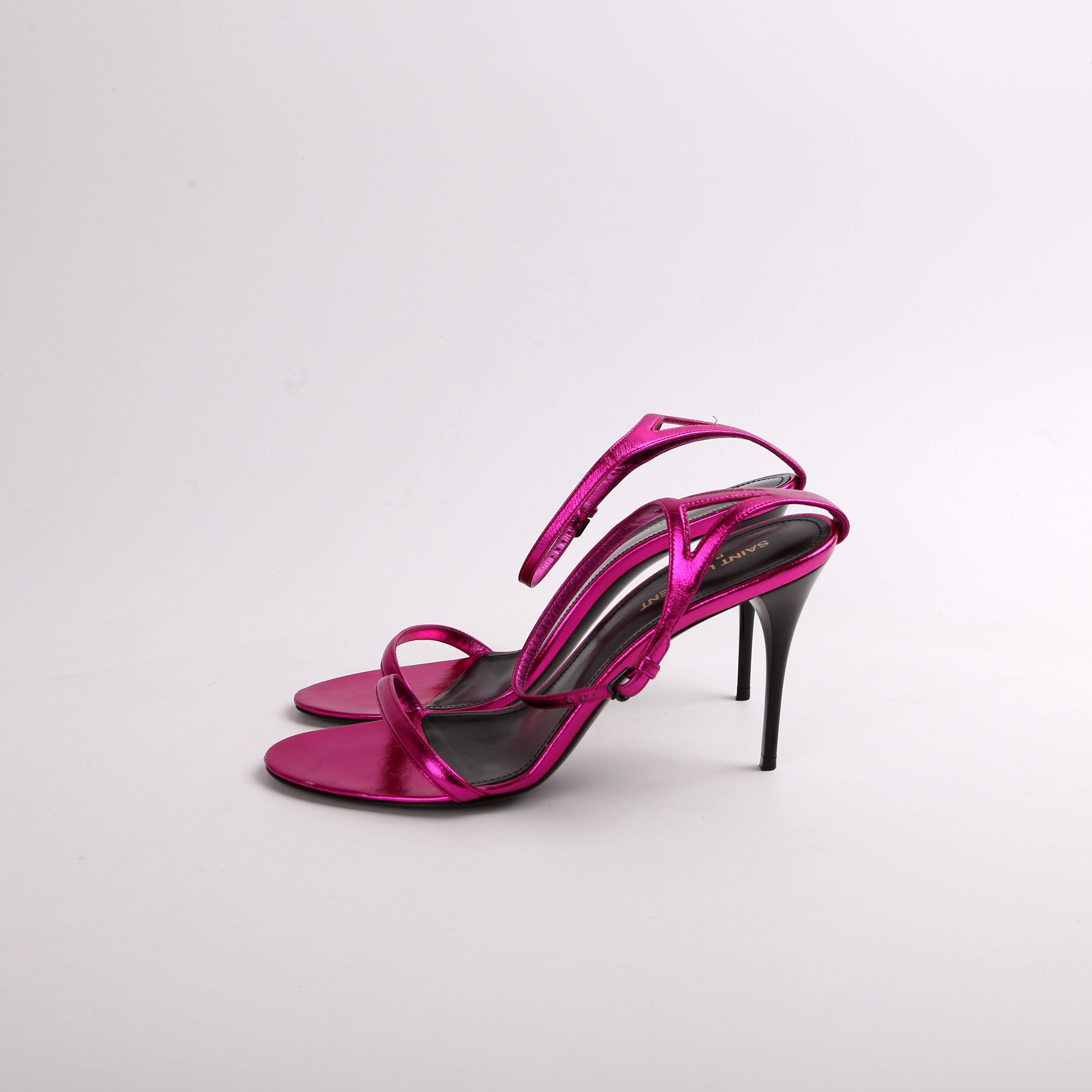 SAINT LAURENT Metallic Lambskin Lexi Ankle Strap Sandals Size 39.5