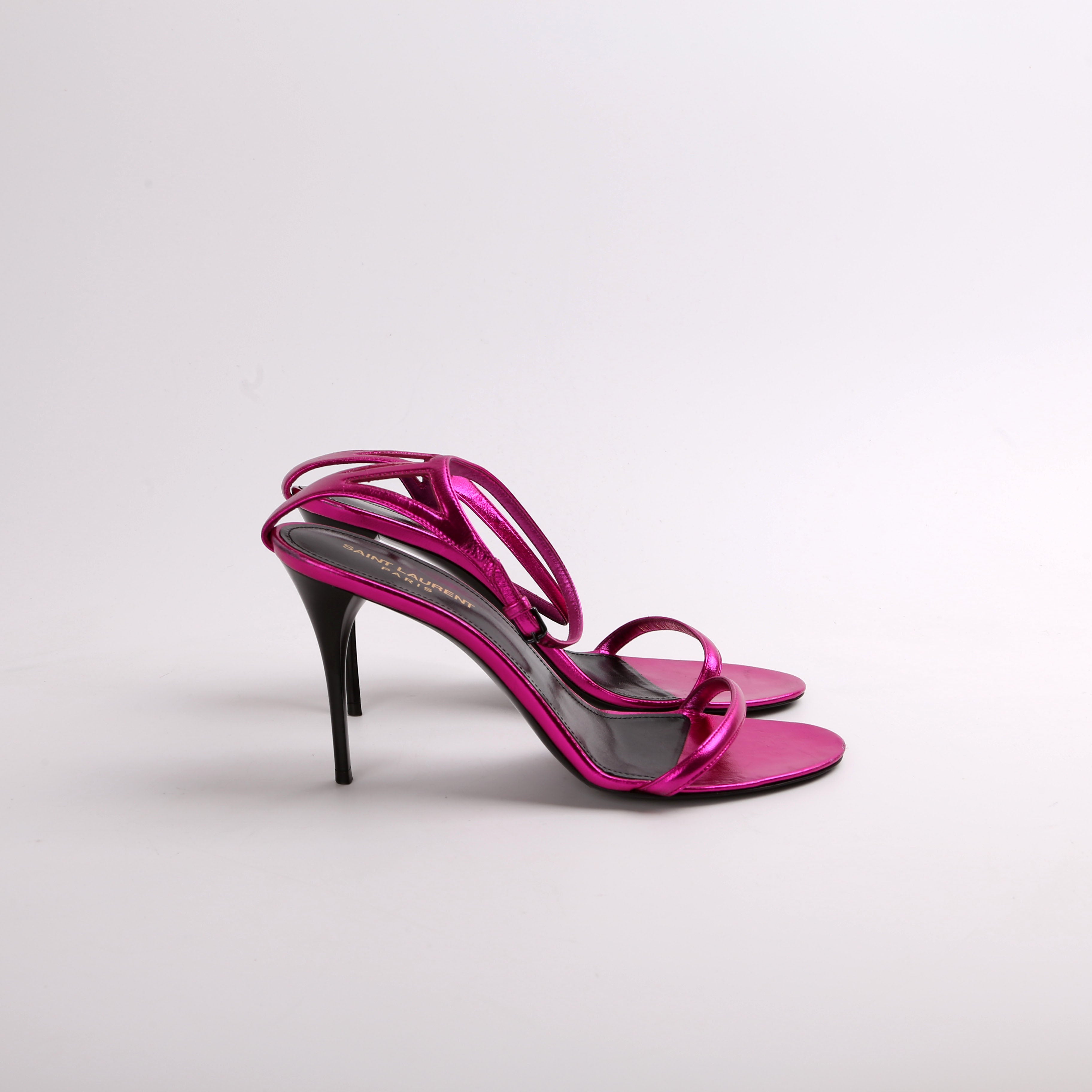 SAINT LAURENT Metallic Lambskin Lexi Ankle Strap Sandals Size 39.5