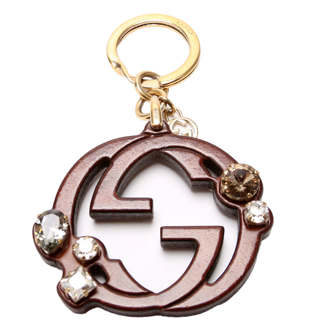 Wood Interlocking GG Jeweled Key Ring
