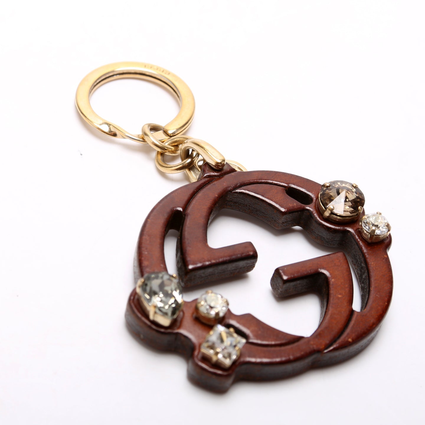 Wood Interlocking GG Jeweled Key Ring