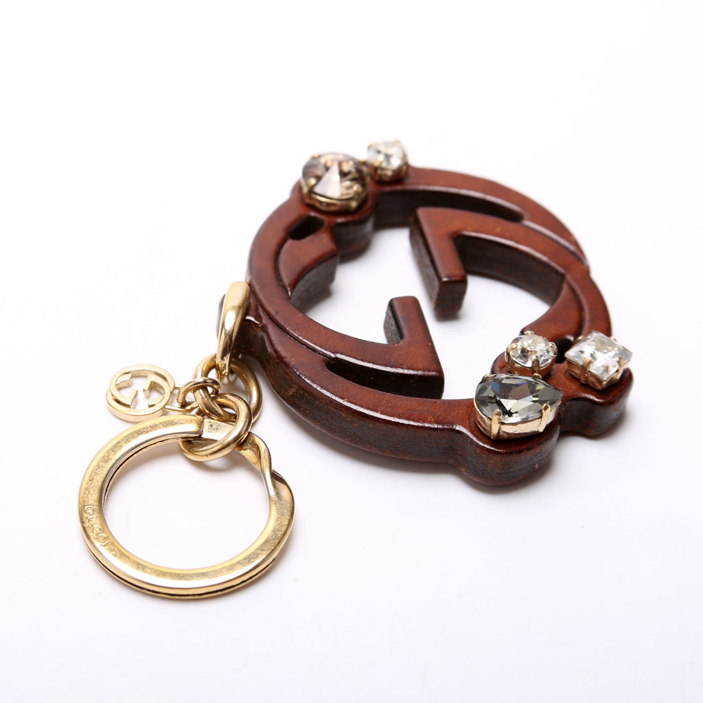 Wood Interlocking GG Jeweled Key Ring