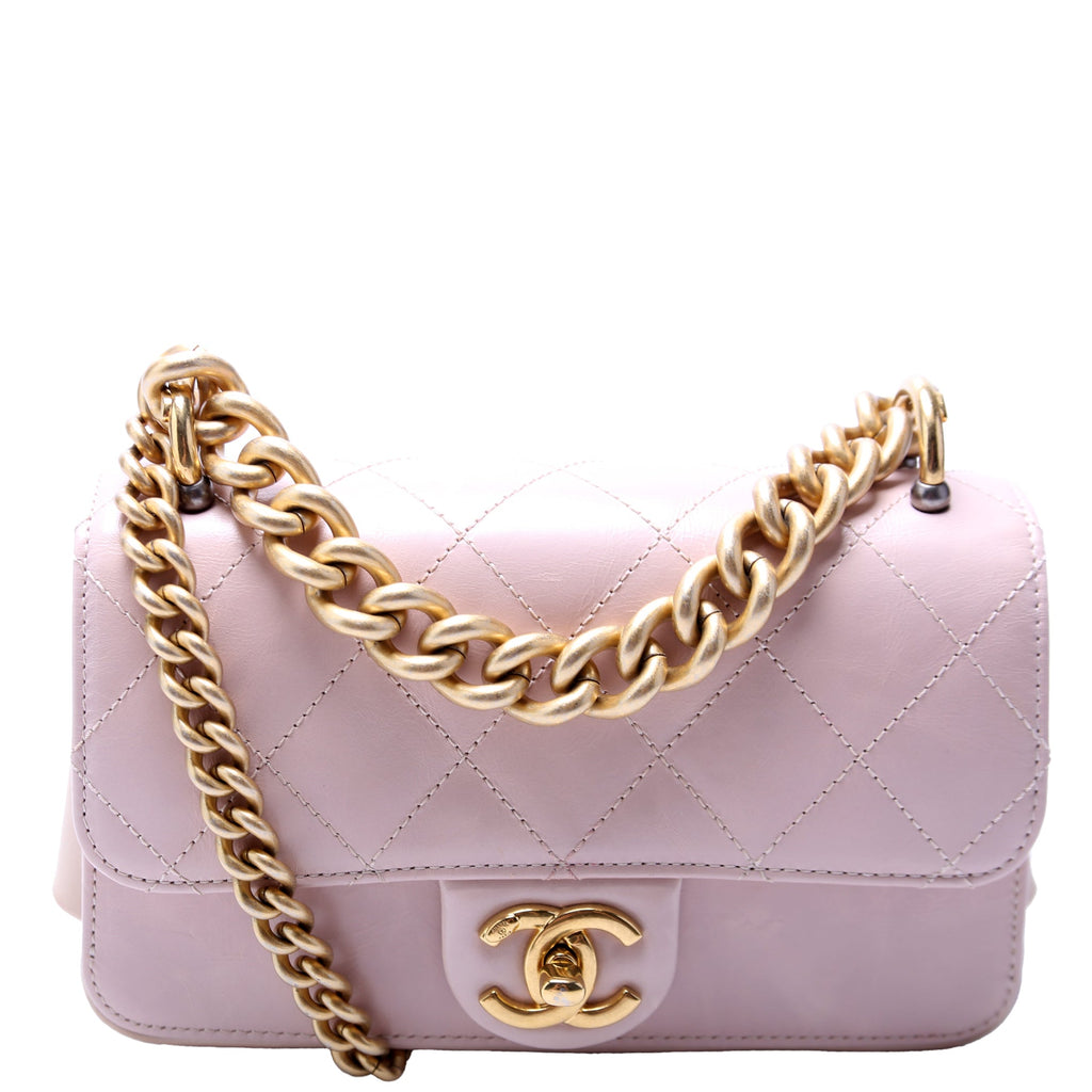 Straight Lined Mini Flap Bag Quilted Glazed Calfskin 24M