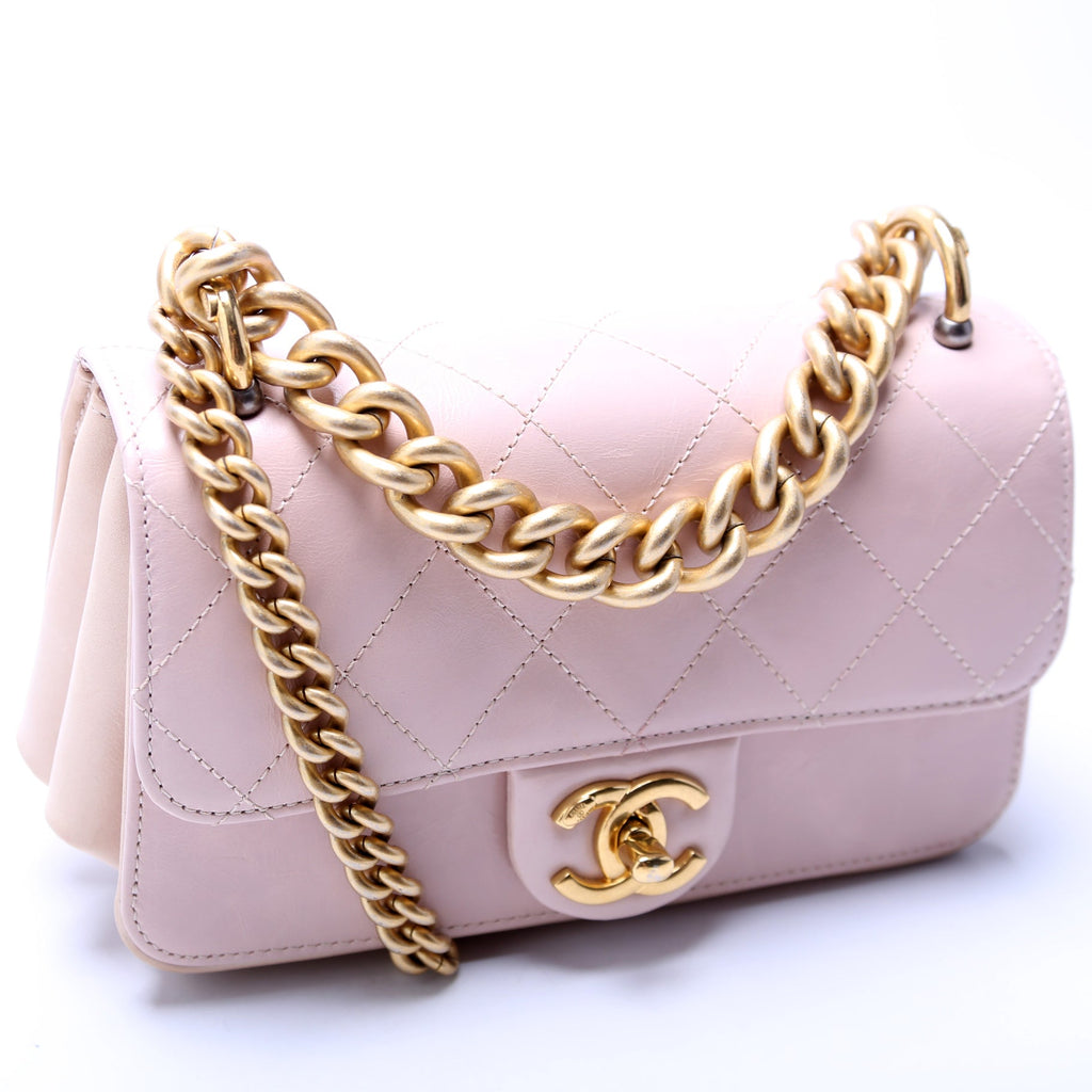 Straight Lined Mini Flap Bag Quilted Glazed Calfskin 24M