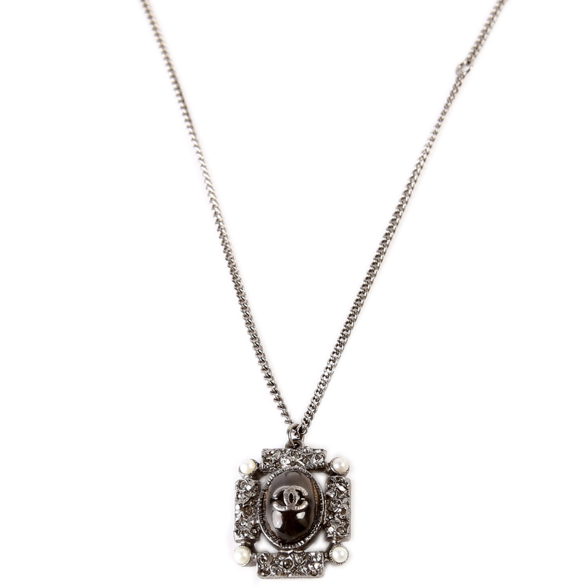 CC Enamel/Crystal Pendant Ruthenium Necklace