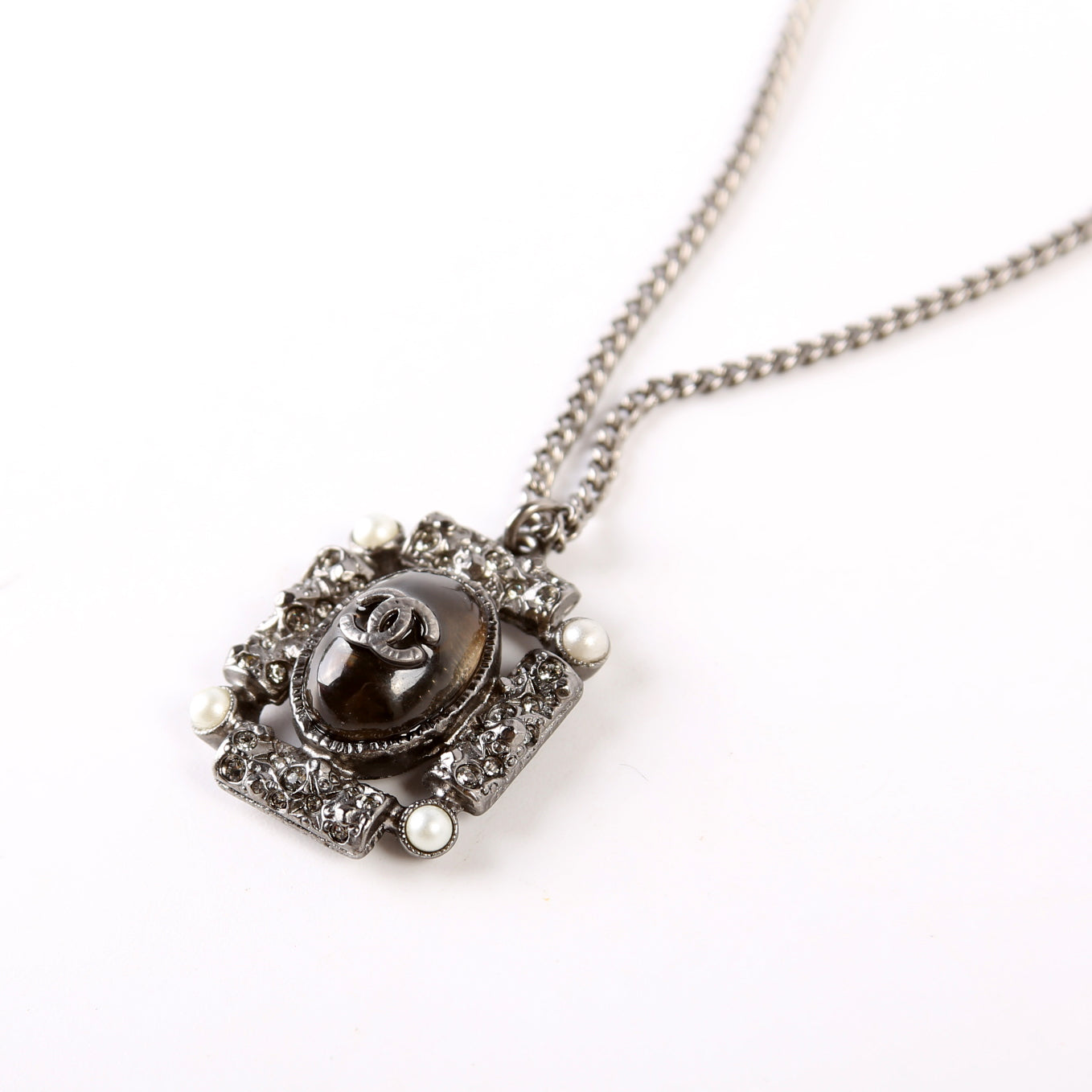 CC Enamel/Crystal Pendant Ruthenium Necklace