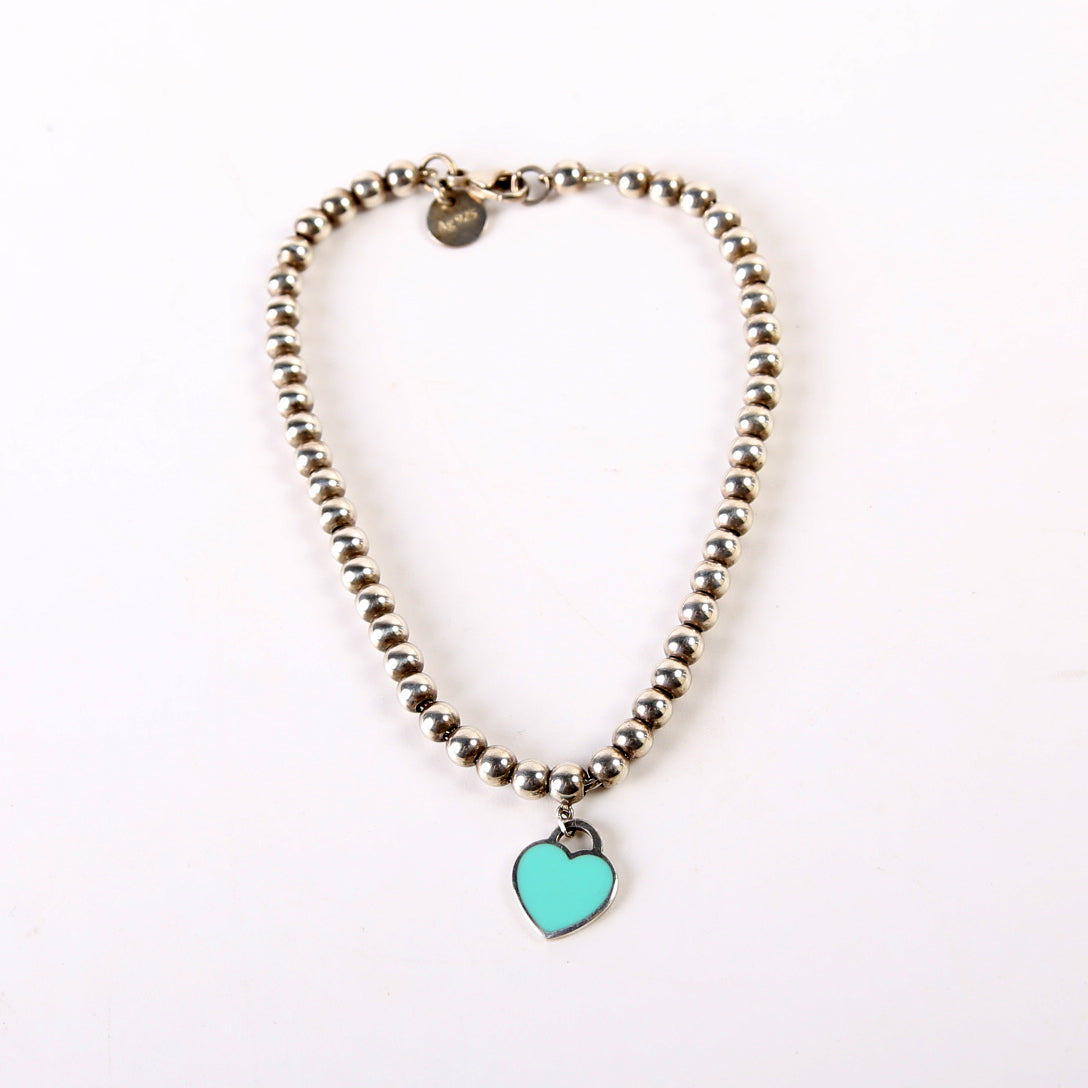 Please Return To Mini Enamel Heart Bead Chain Bracelet 925 Teal