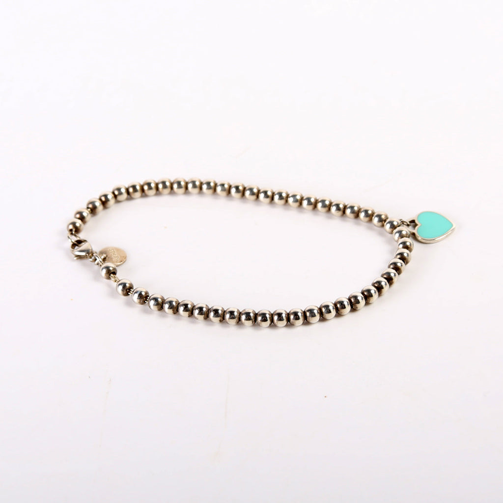 Please Return To Mini Enamel Heart Bead Chain Bracelet 925 Teal