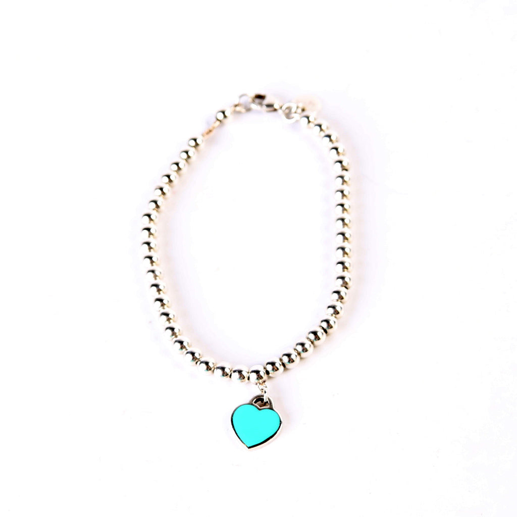 Please Return To Mini Enamel Heart With Diamond Bead Chain Bracelet 925/Teal