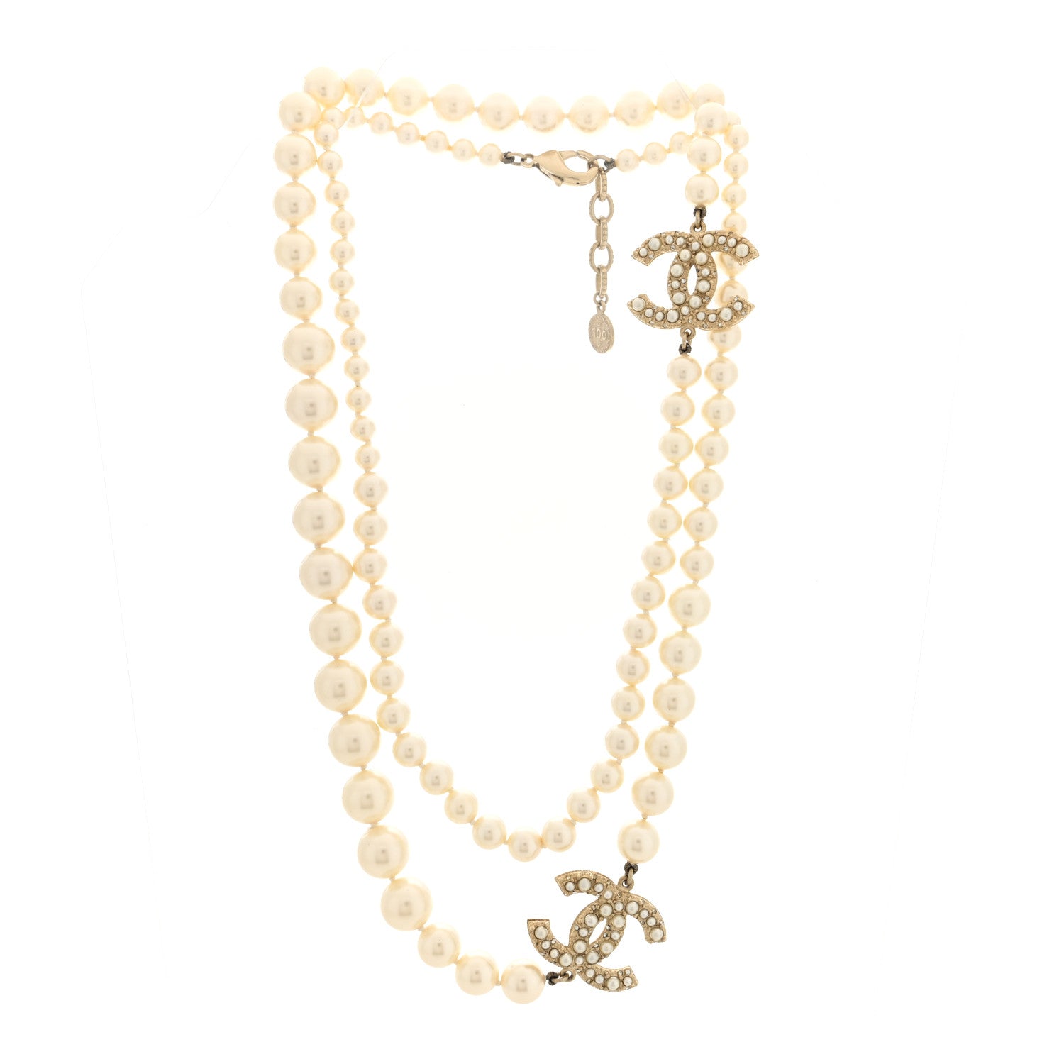 Crystal Pearl CC Long Necklace Gold