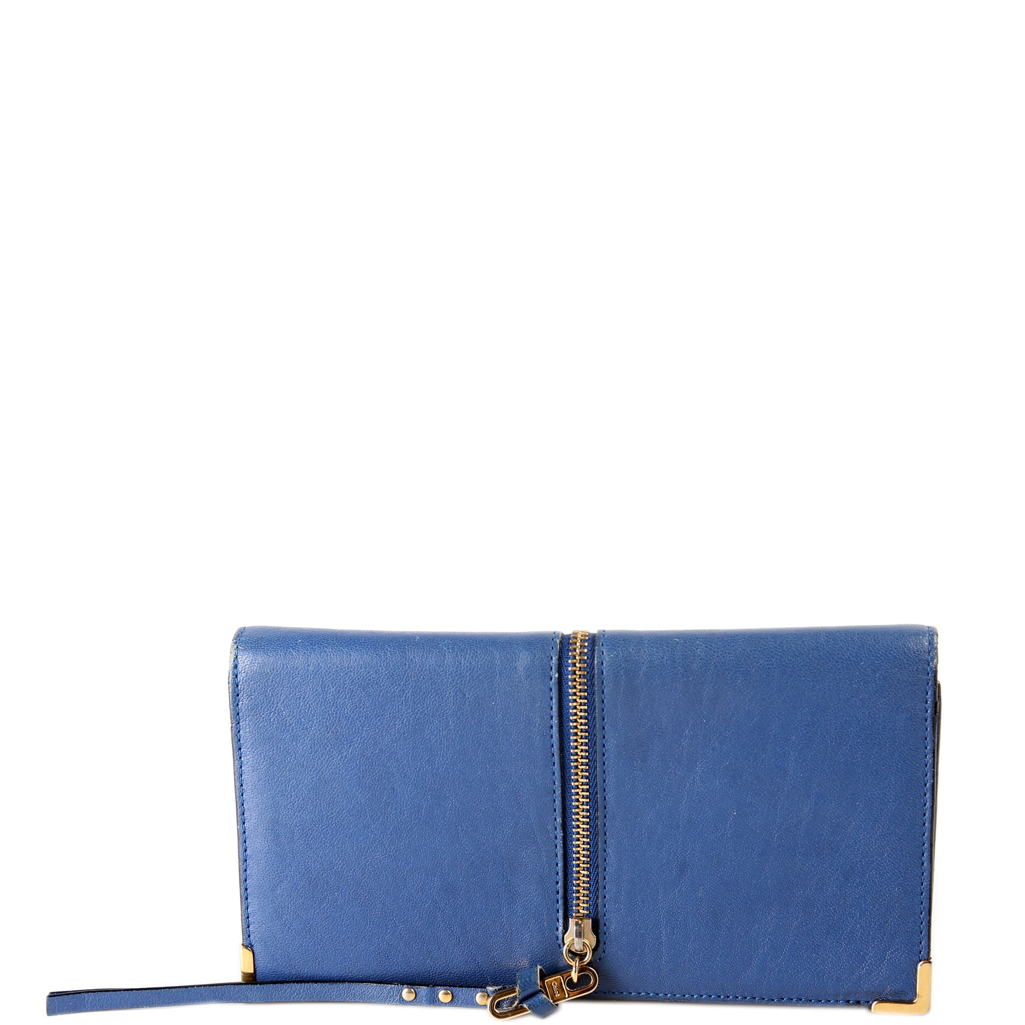 Long Flap Leather Wallet Blue