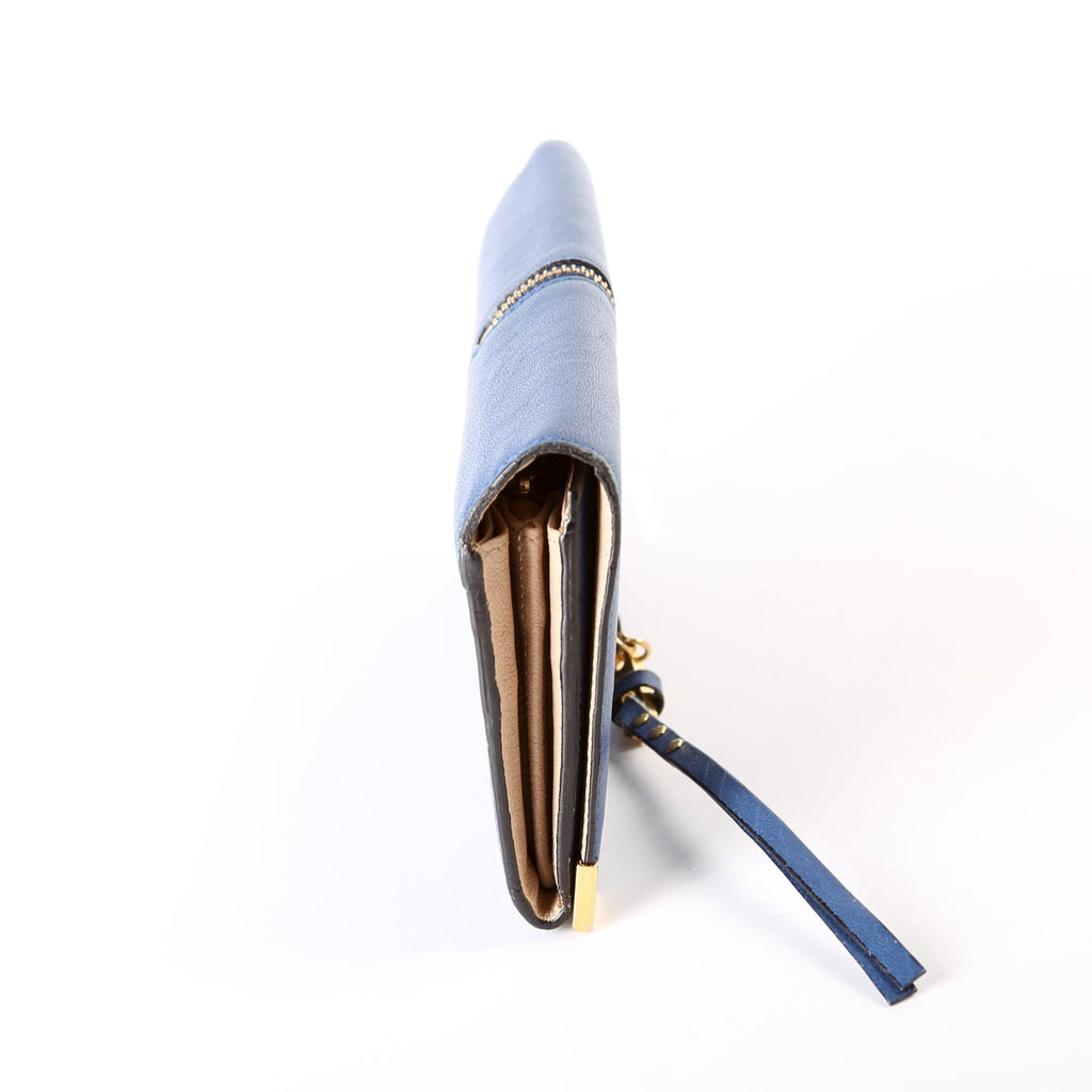 Long Flap Leather Wallet Blue
