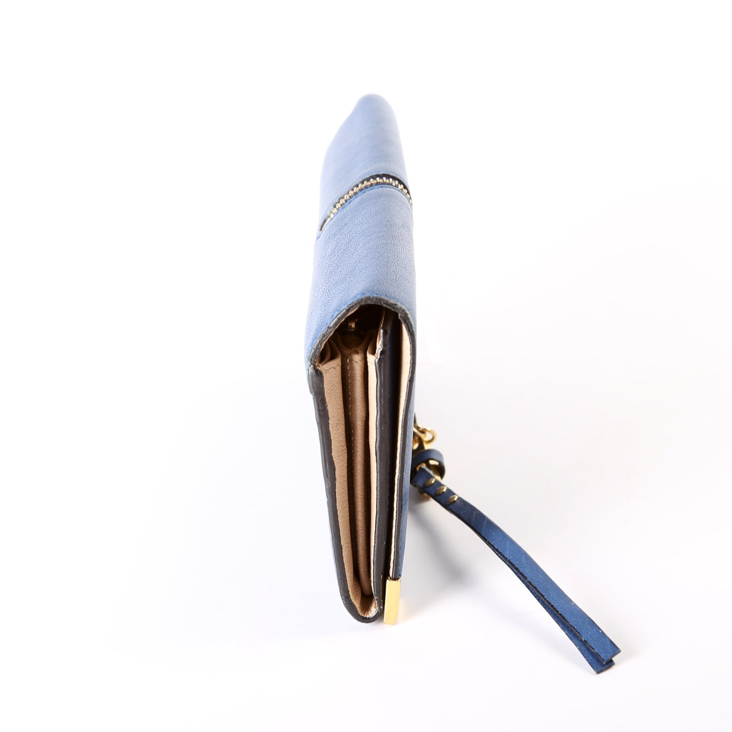 Long Flap Leather Wallet Blue