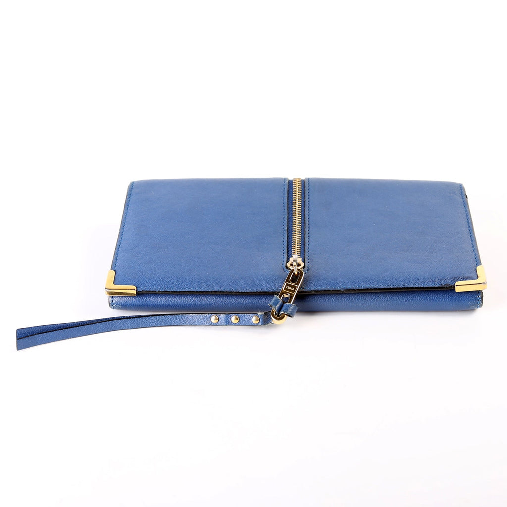 Long Flap Leather Wallet Blue