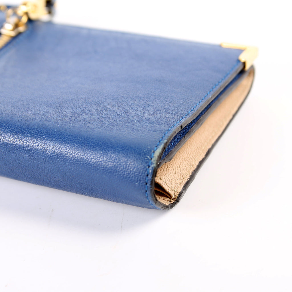 Long Flap Leather Wallet Blue