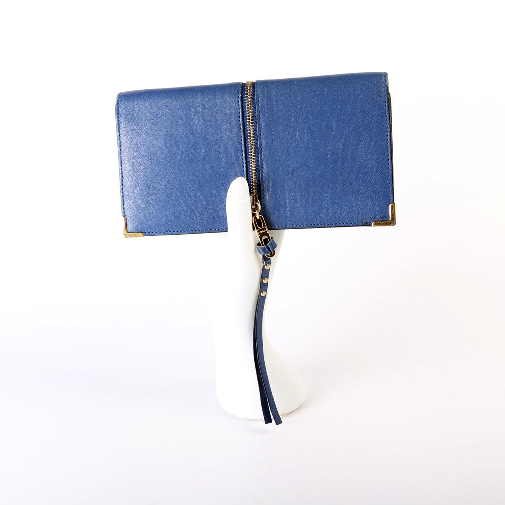 Long Flap Leather Wallet Blue