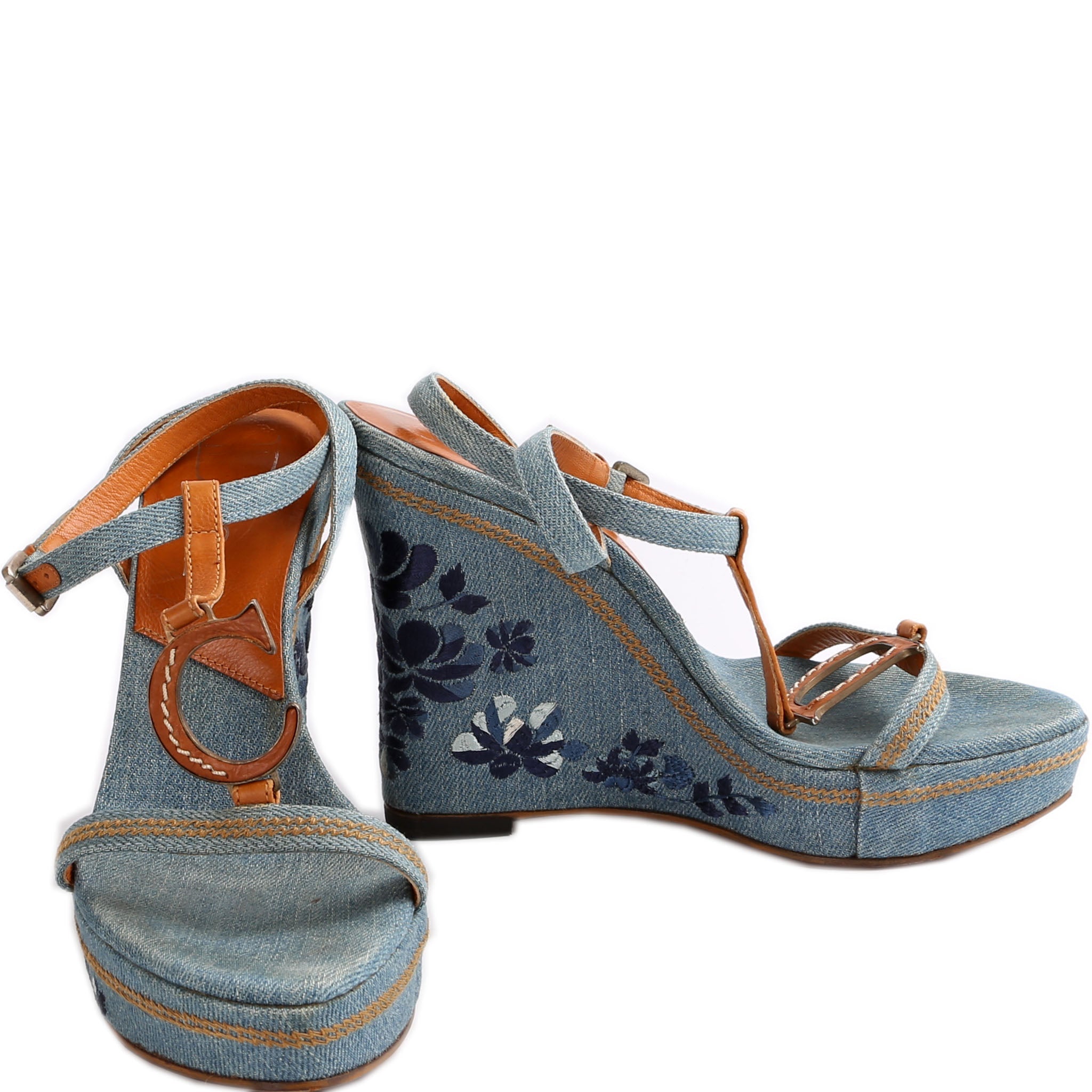 Dior Denim Embroidered Wedges Size 37.5