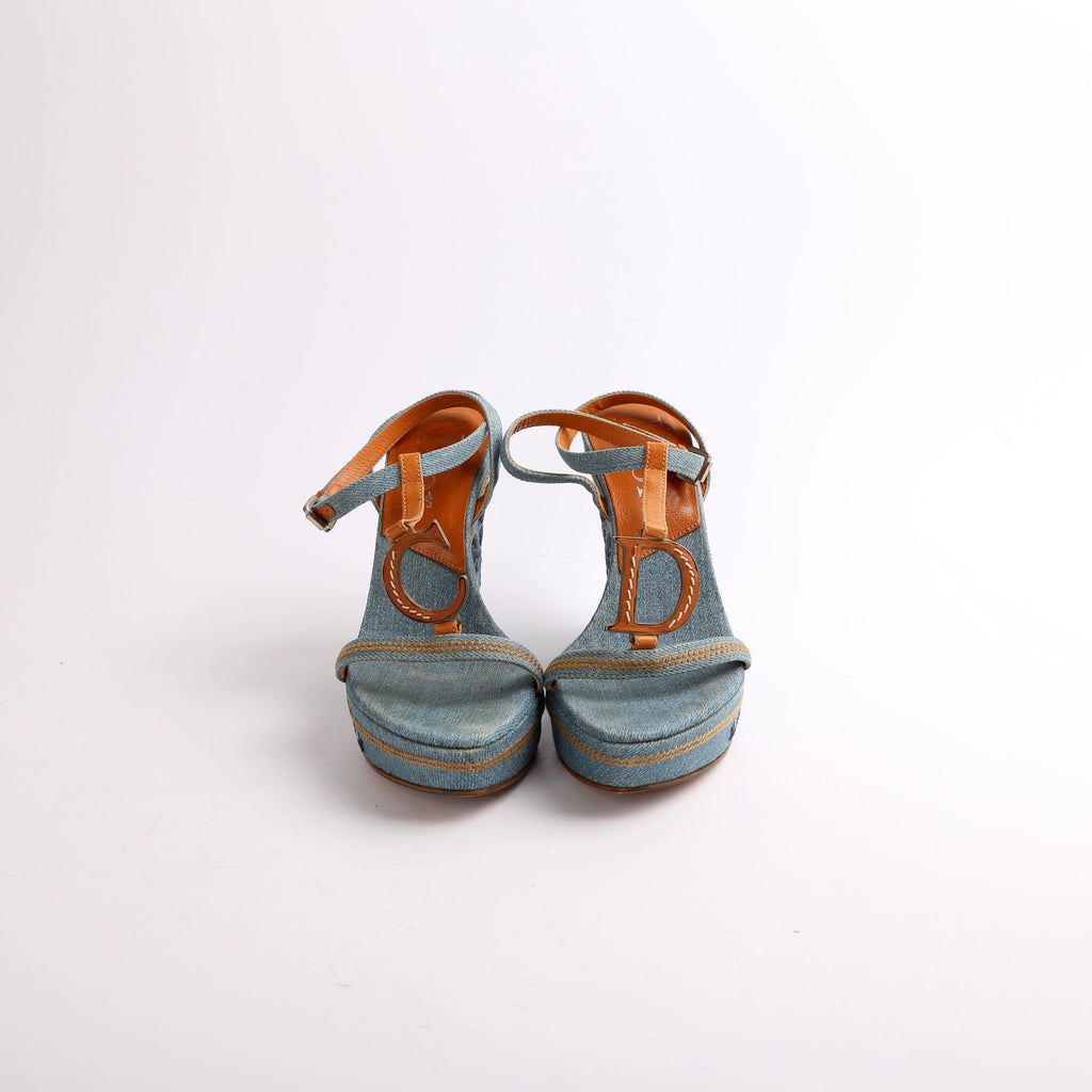 Dior Denim Embroidered Wedges Size 37.5