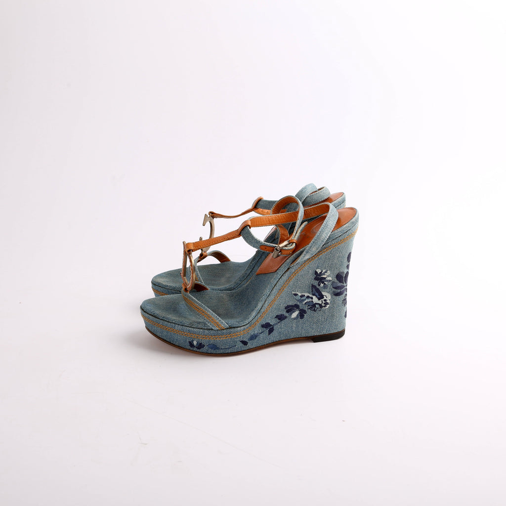 Dior Denim Embroidered Wedges Size 37.5