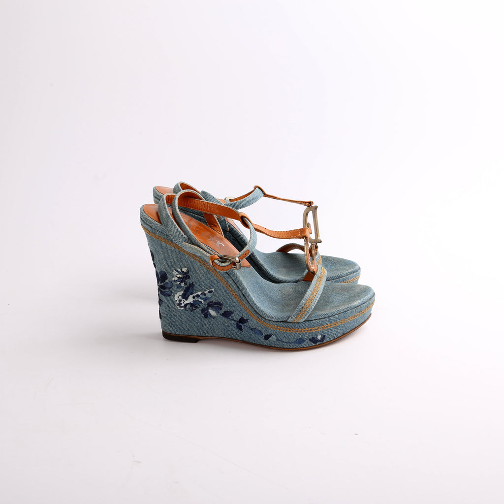 Dior Denim Embroidered Wedges Size 37.5
