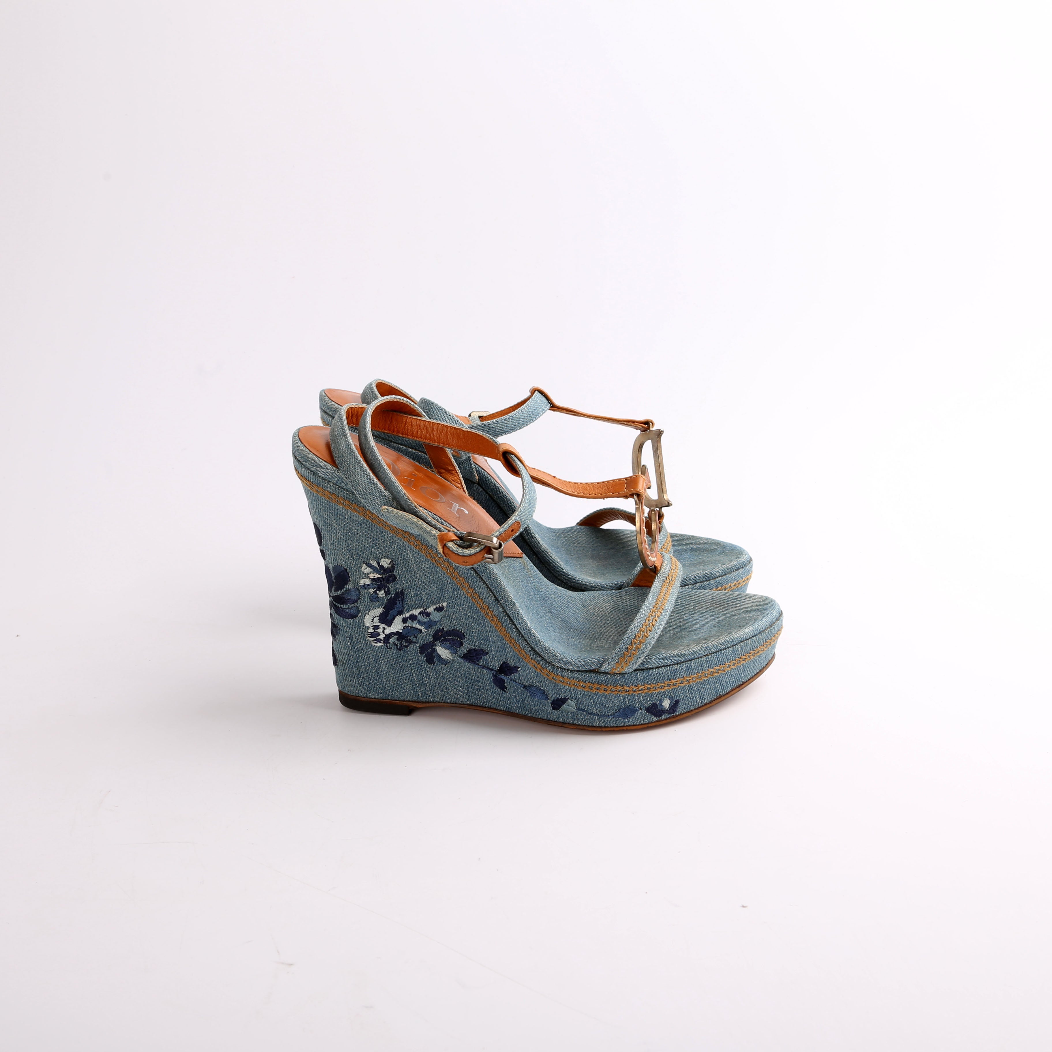 Dior Denim Embroidered Wedges Size 37.5