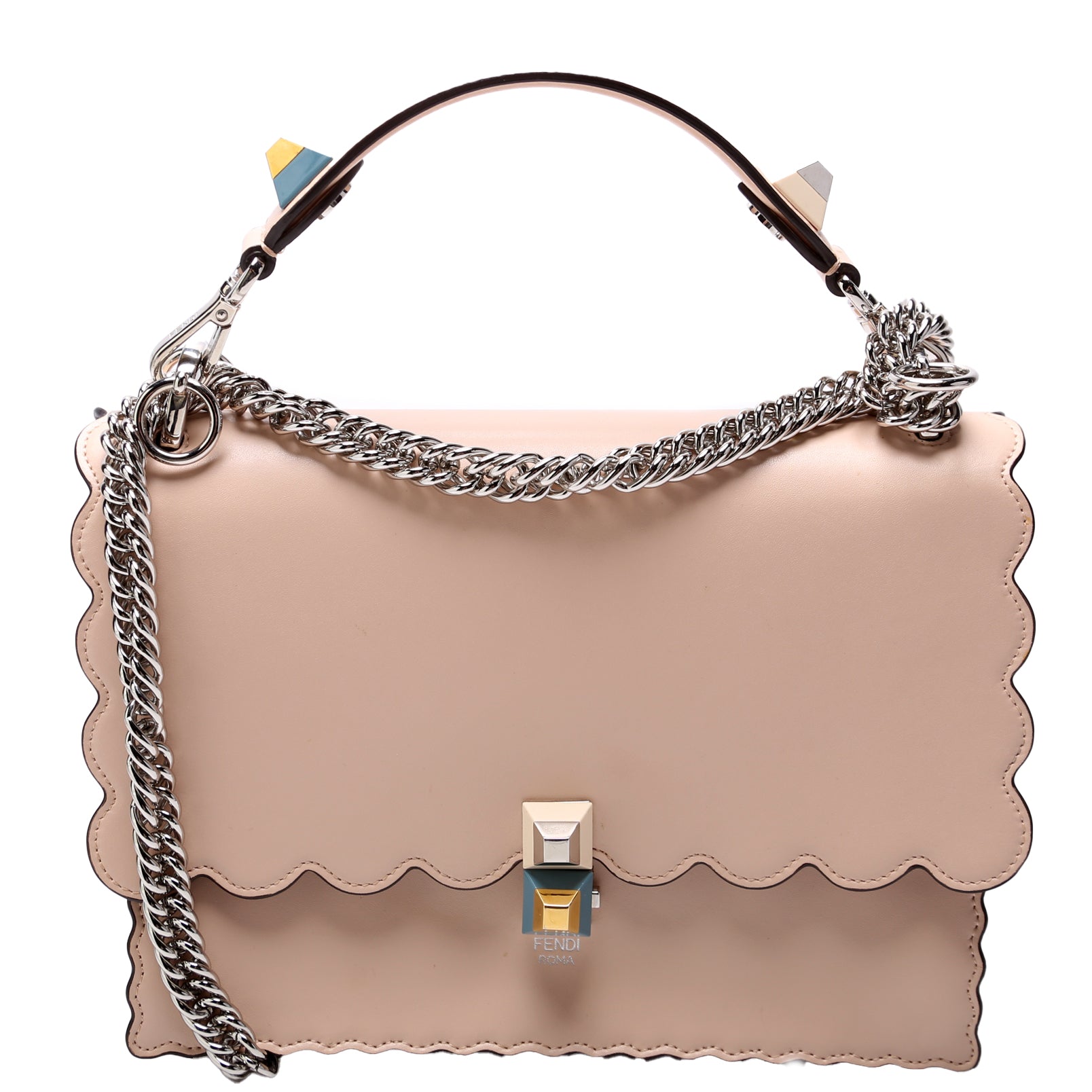 Kan I Scalloped Leather Studded Shoulder Bag Nude