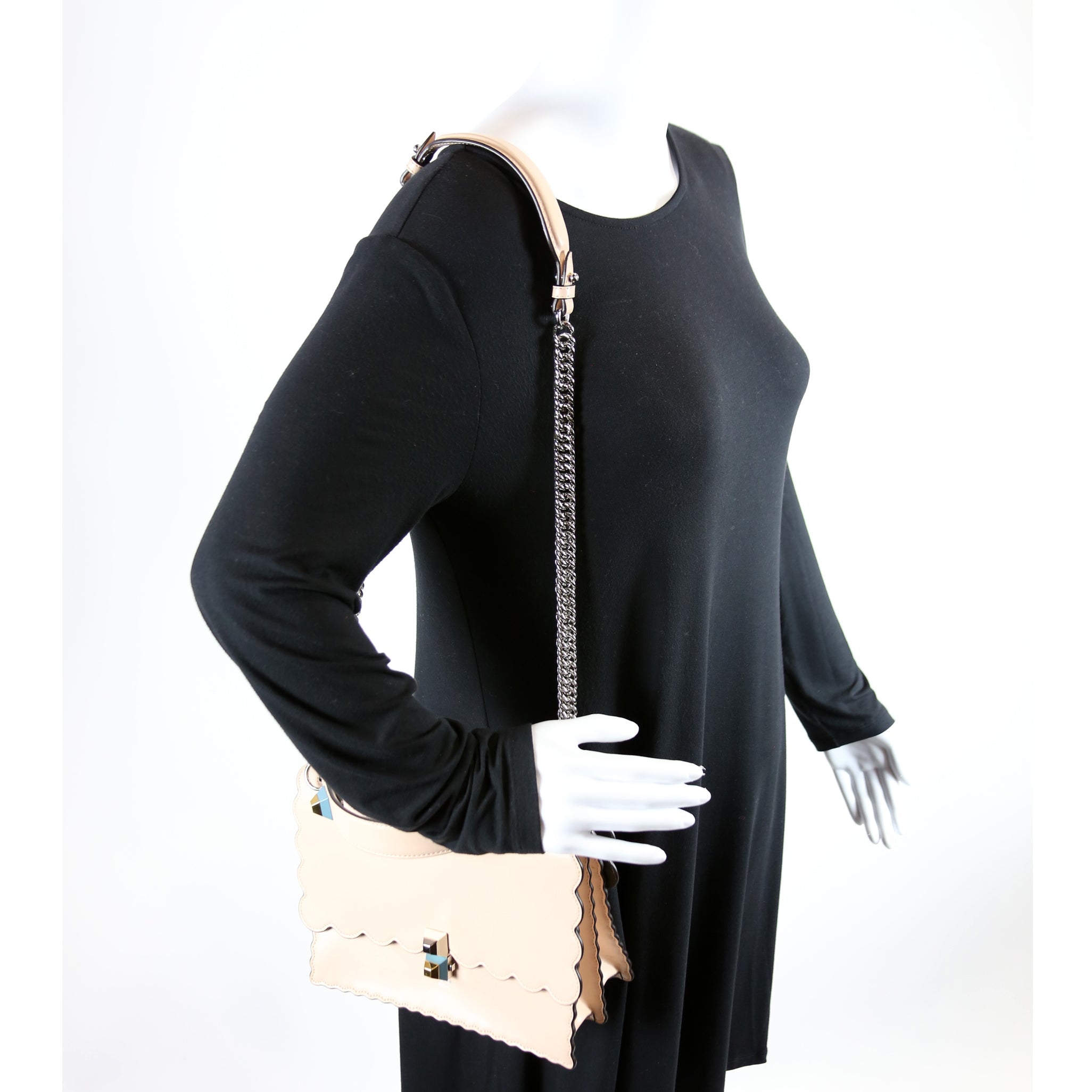 Kan I Scalloped Leather Studded Shoulder Bag Nude