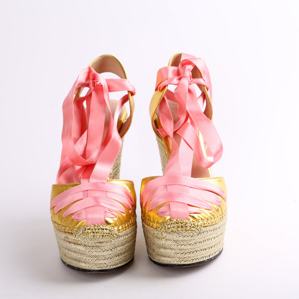 Gucci Ribbon Straps Espadrille Wedge Sandals Size 38.5