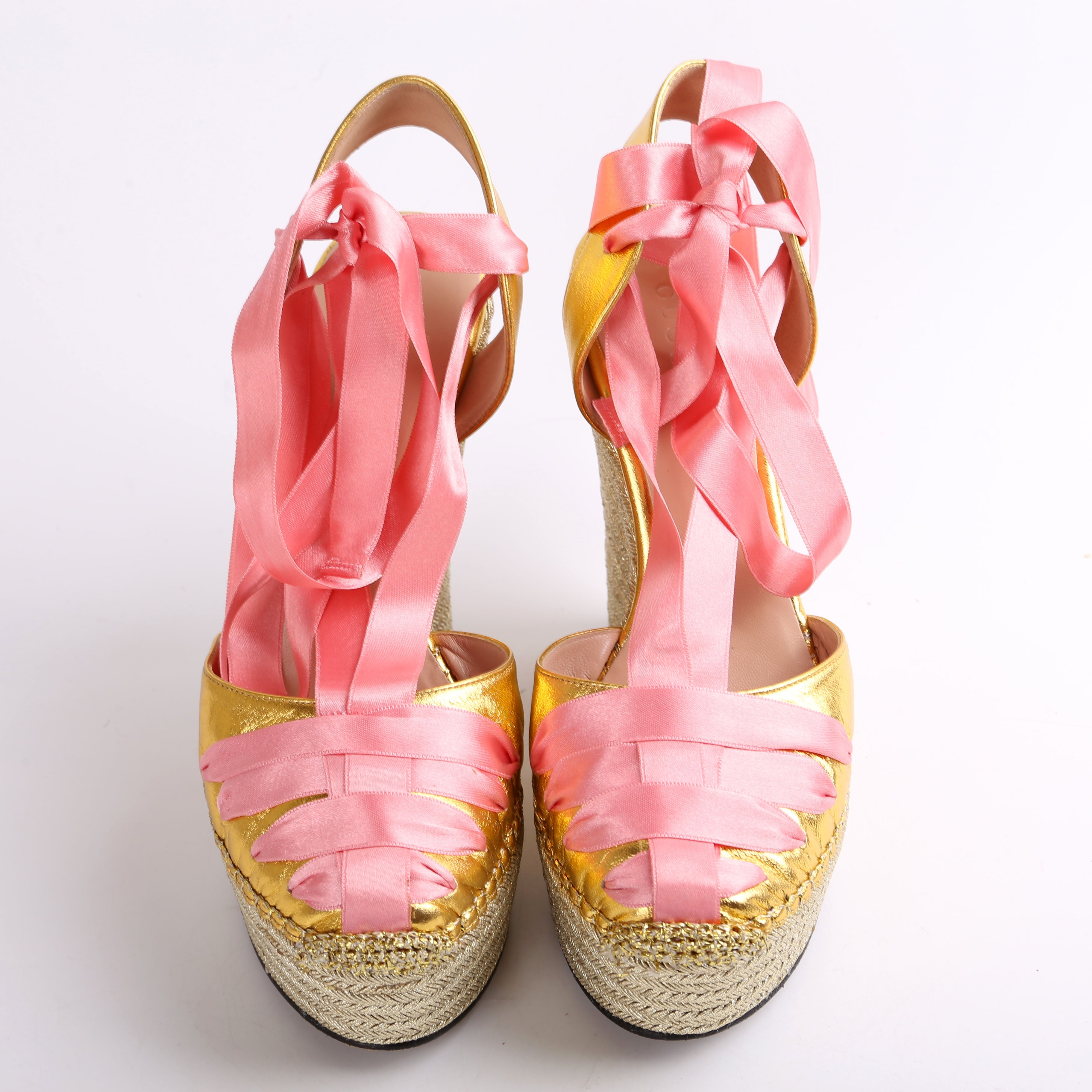 Gucci Ribbon Straps Espadrille Wedge Sandals Size 38.5