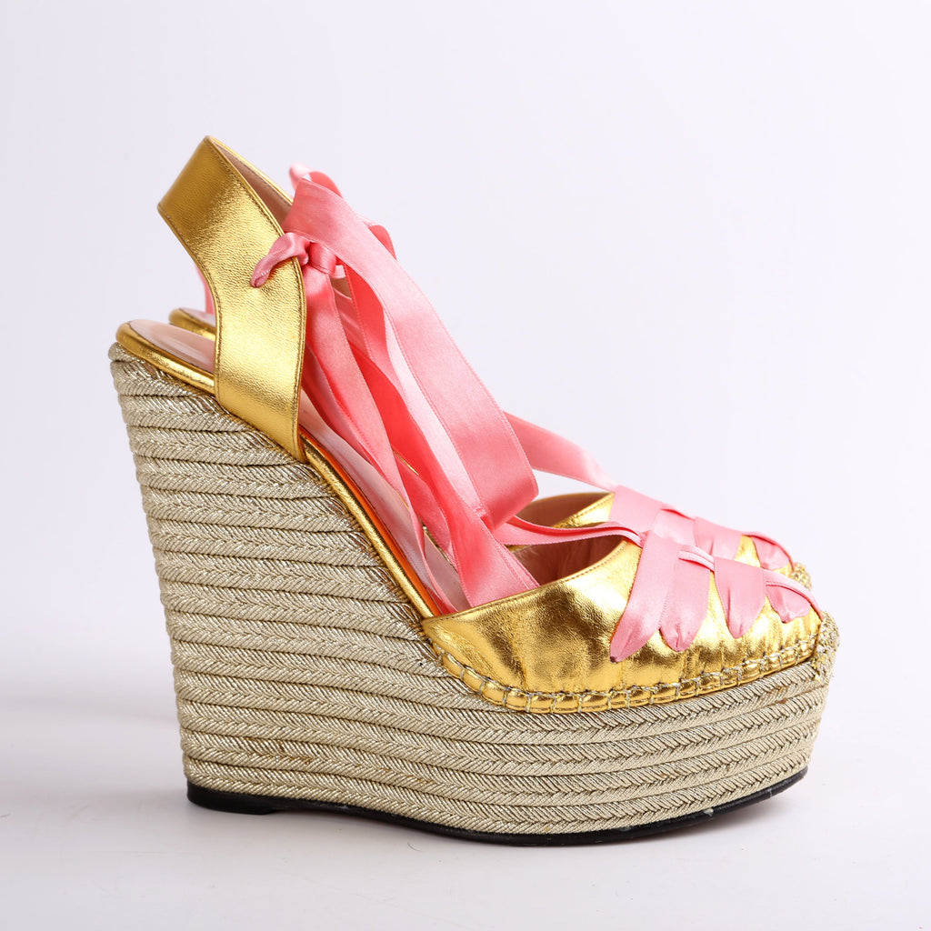Gucci Ribbon Straps Espadrille Wedge Sandals Size 38.5